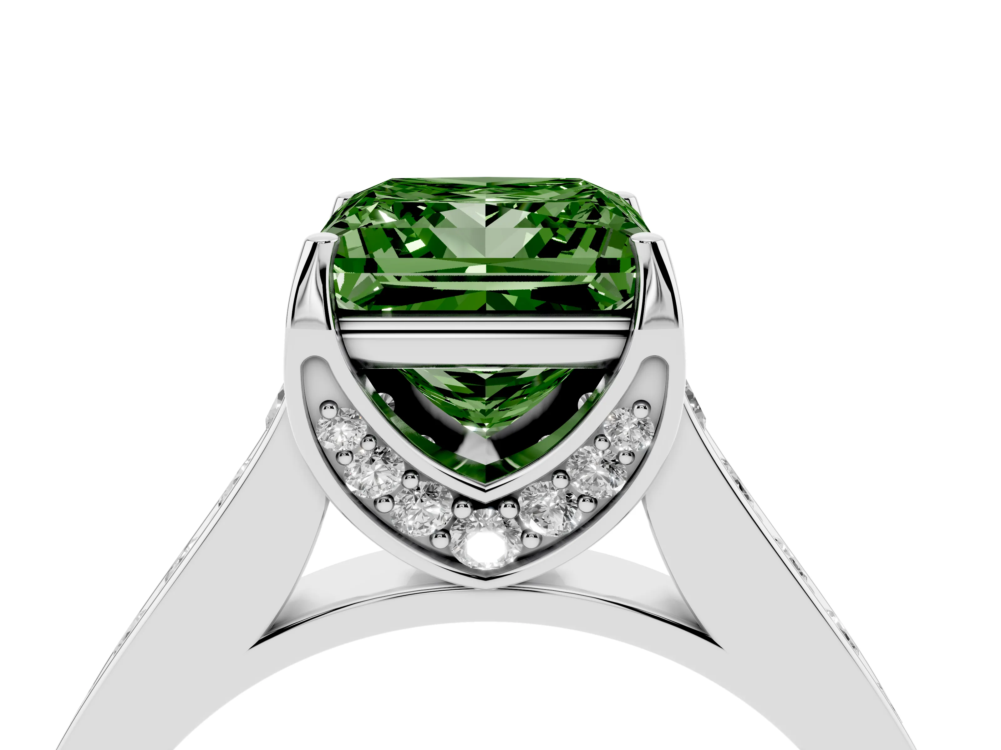 Fancy Green Princess Cut Diamond Solitaire Pavé Engagement Ring Set in Silver with Prong Setting