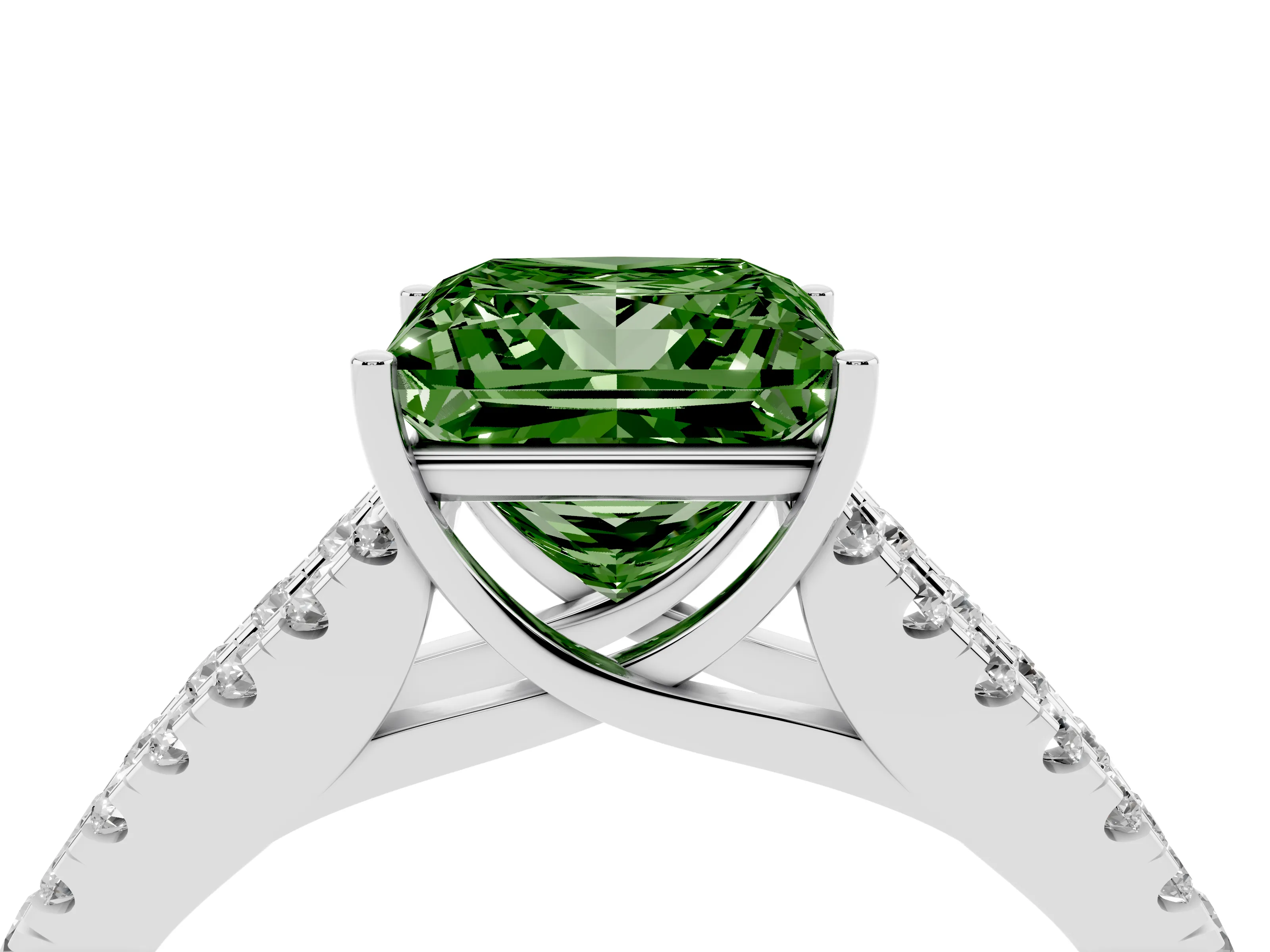 Fancy Green Princess Cut Diamond Split Shank Pavé Engagement Ring Set in White gold with Prong-Held Center Stone