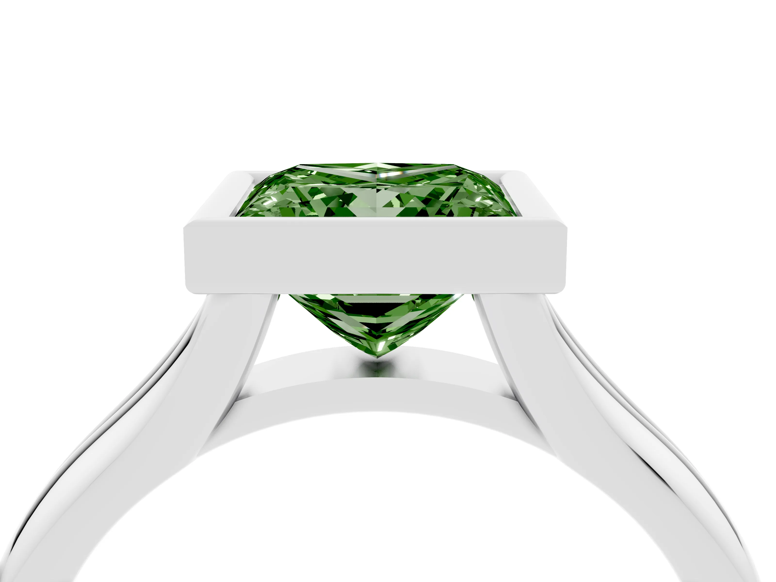 Fancy Green Bezel Set Princess Cut Diamond Solitaire Ring Set in White gold with Smooth Band