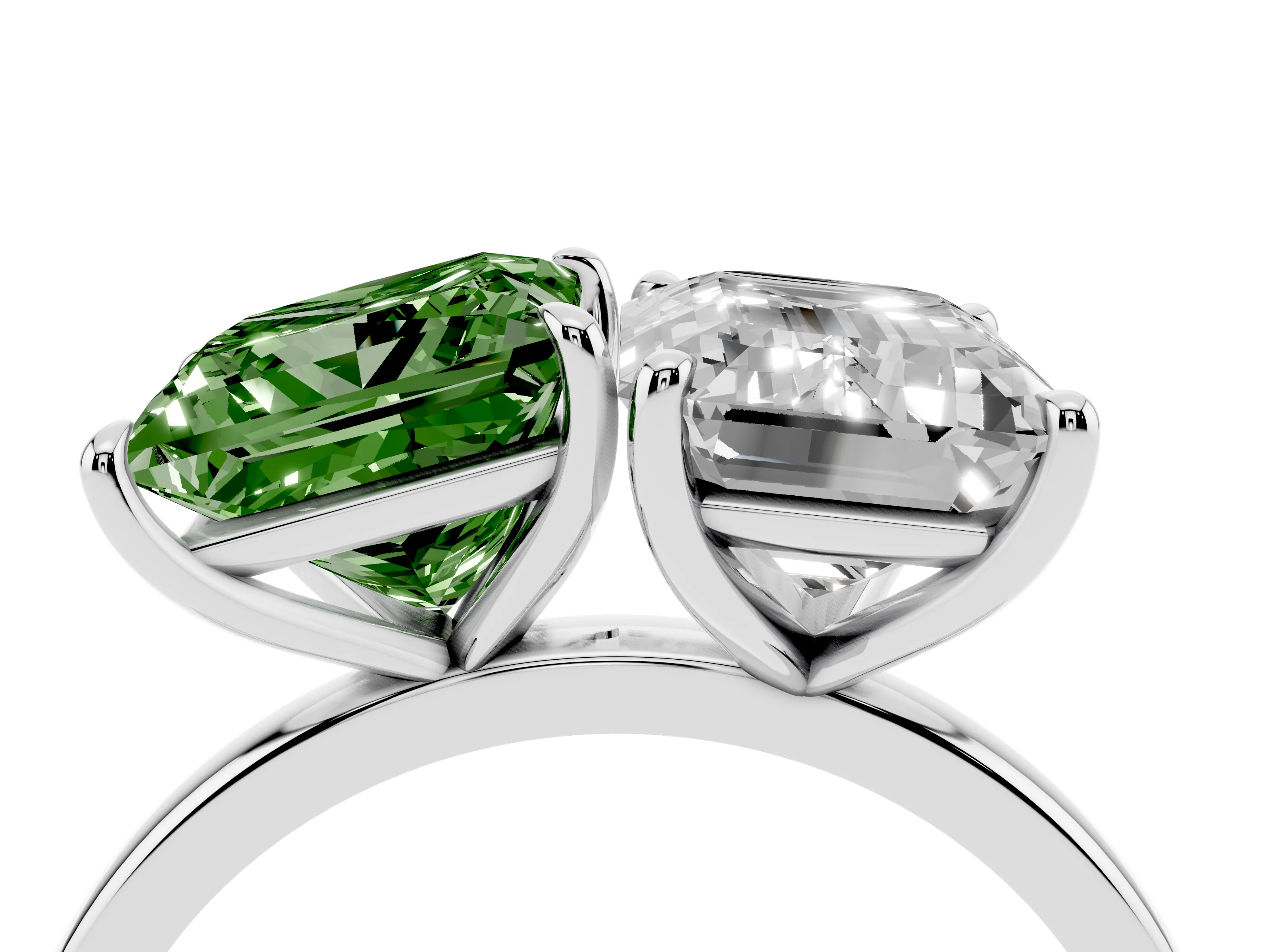 Fancy Green Princess Cut and Emerald Cut Toi Moi Ring Set in Silver with Prong Setting