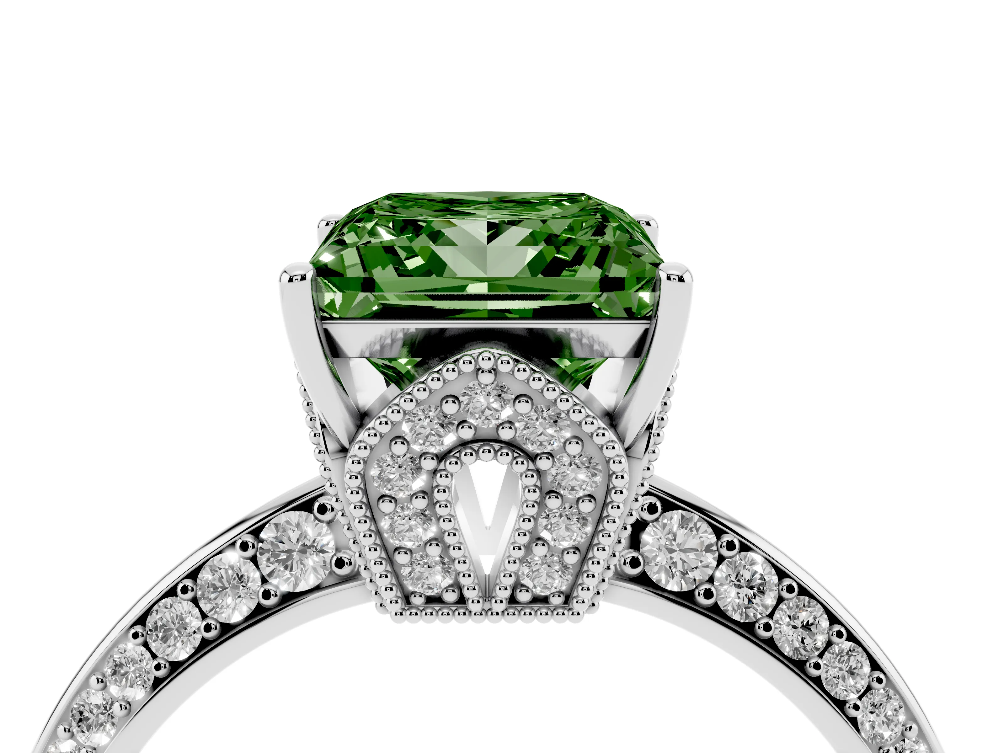 Fancy Green Princess Cut Diamond Solitaire Engagement Ring Set in Silver with Pavé Split Shank and Prong Setting
