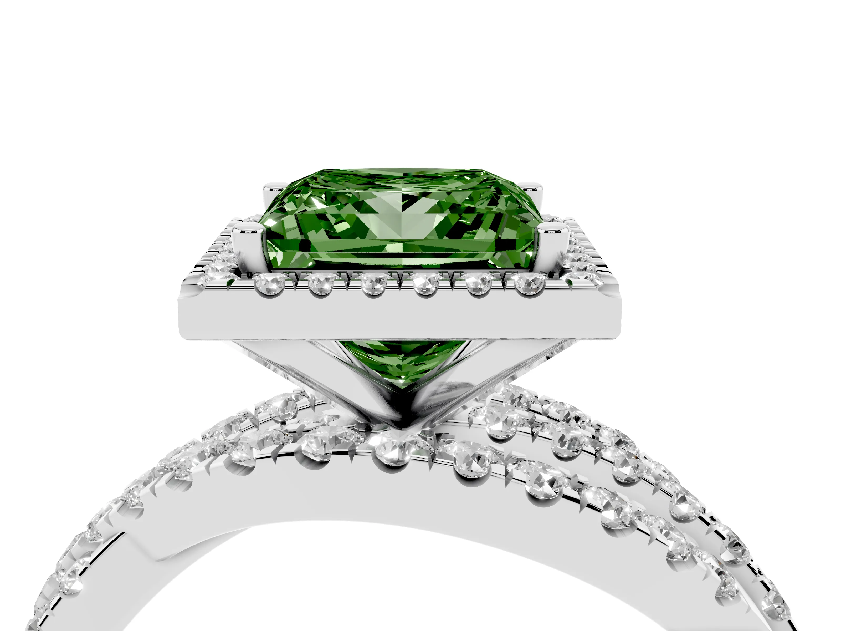 Fancy Green Princess Cut Diamond Halo Ring Set in White gold with Round Crossover Split Shank and Prong Setting