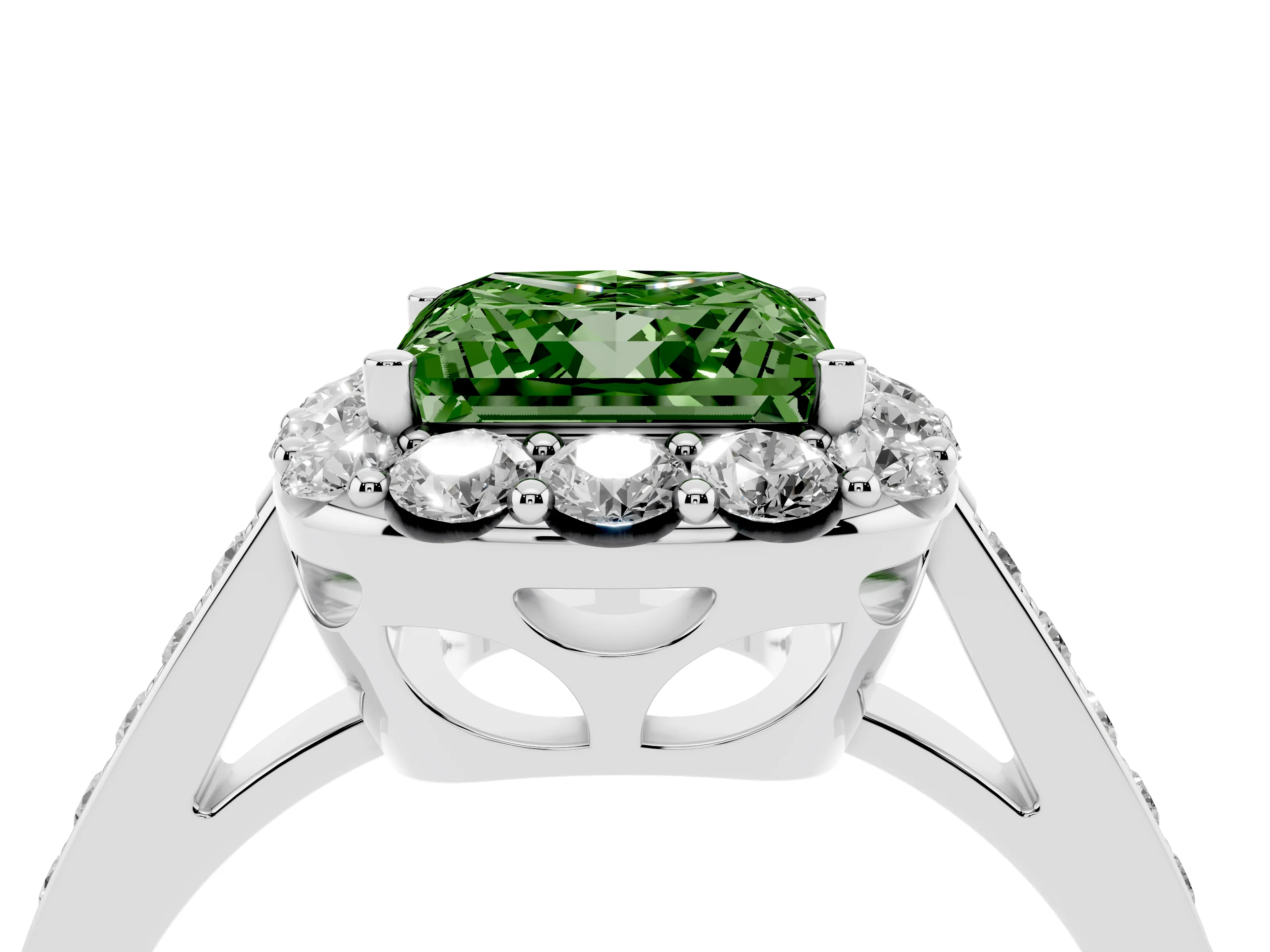 Fancy Green Princess Cut Diamond Floral Halo Ring Set in Silver with Pavé Band and Prong Setting