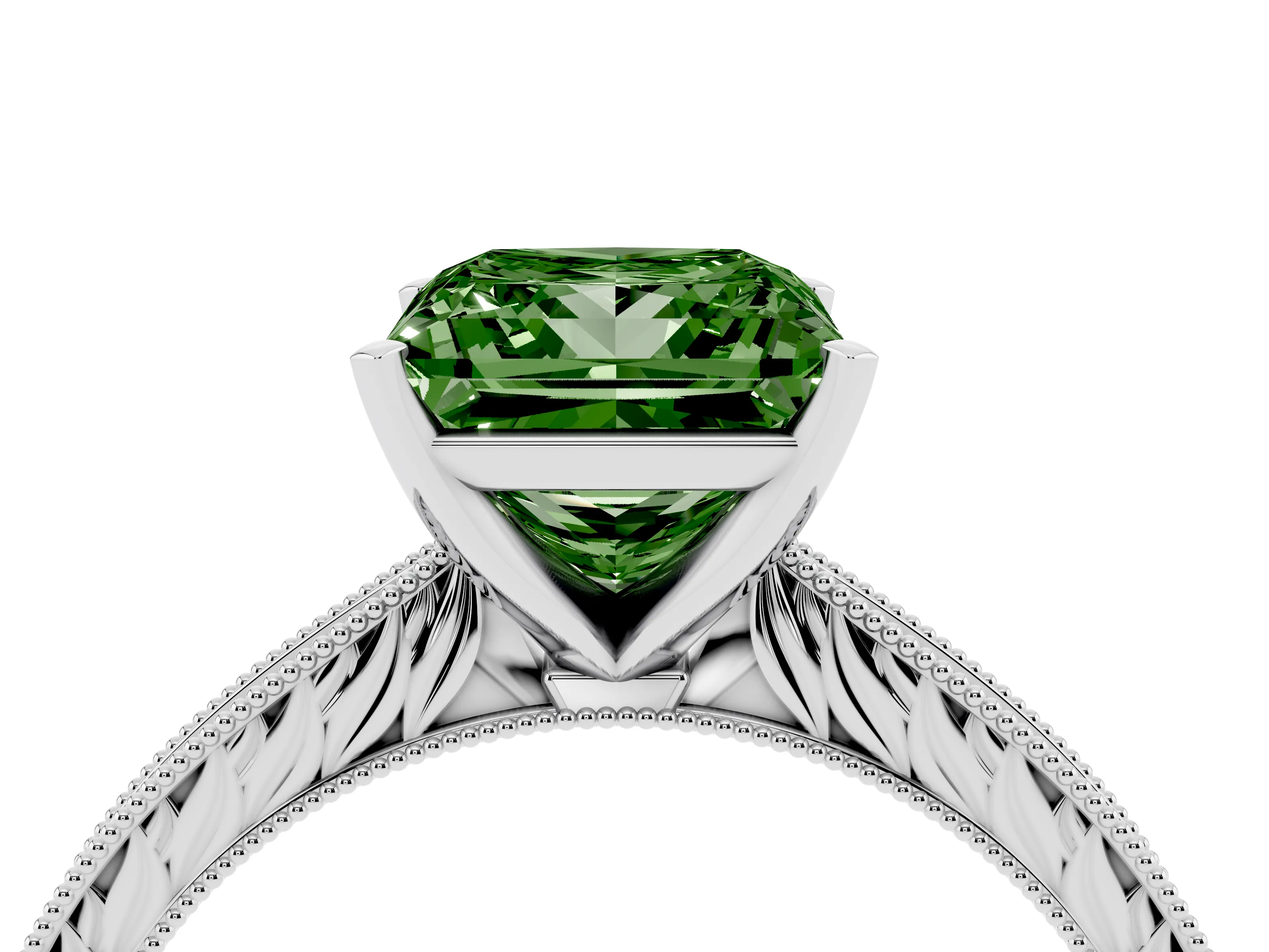 Fancy Green Princess Cut Diamond Solitaire Milgrain Engraved Band Set in Silver with Prong Setting