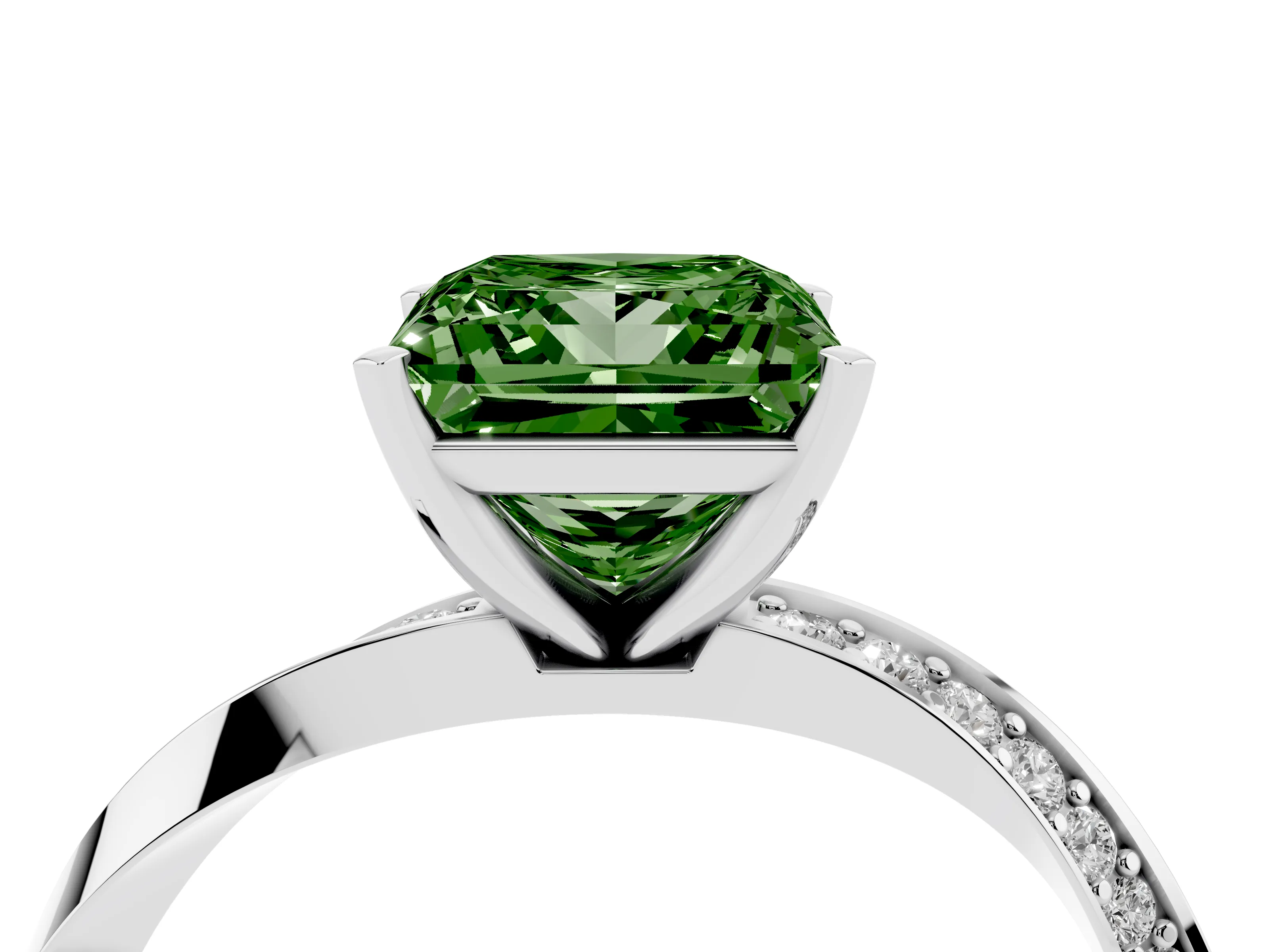 Fancy Green Princess Cut Diamond Engagement Ring Set in White gold with Side Stone Accents and Prong Setting