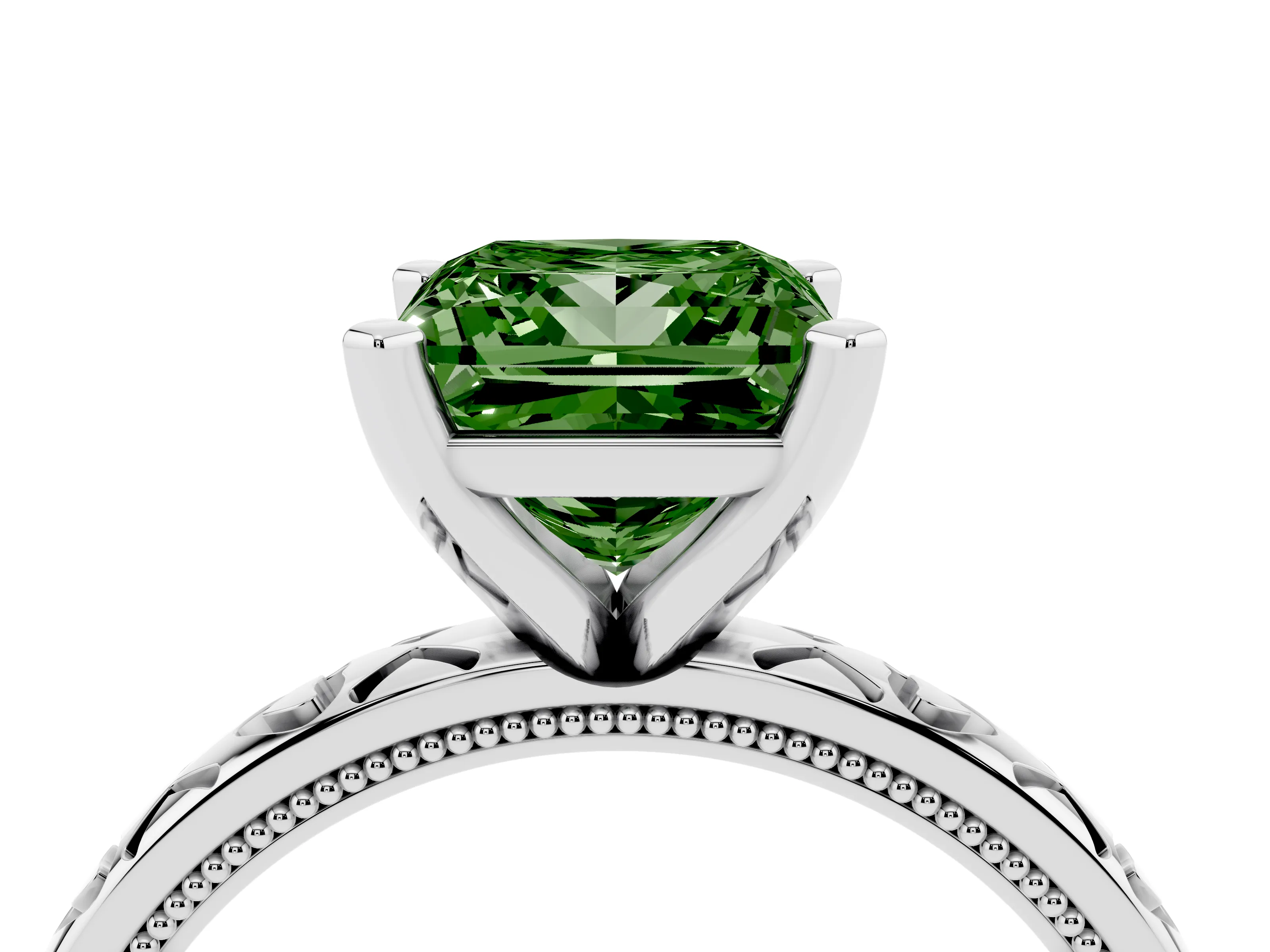 Fancy Green Princess Cut Diamond Solitaire Engagement Ring Set in White gold with XO Engraved Band and Prong Setting
