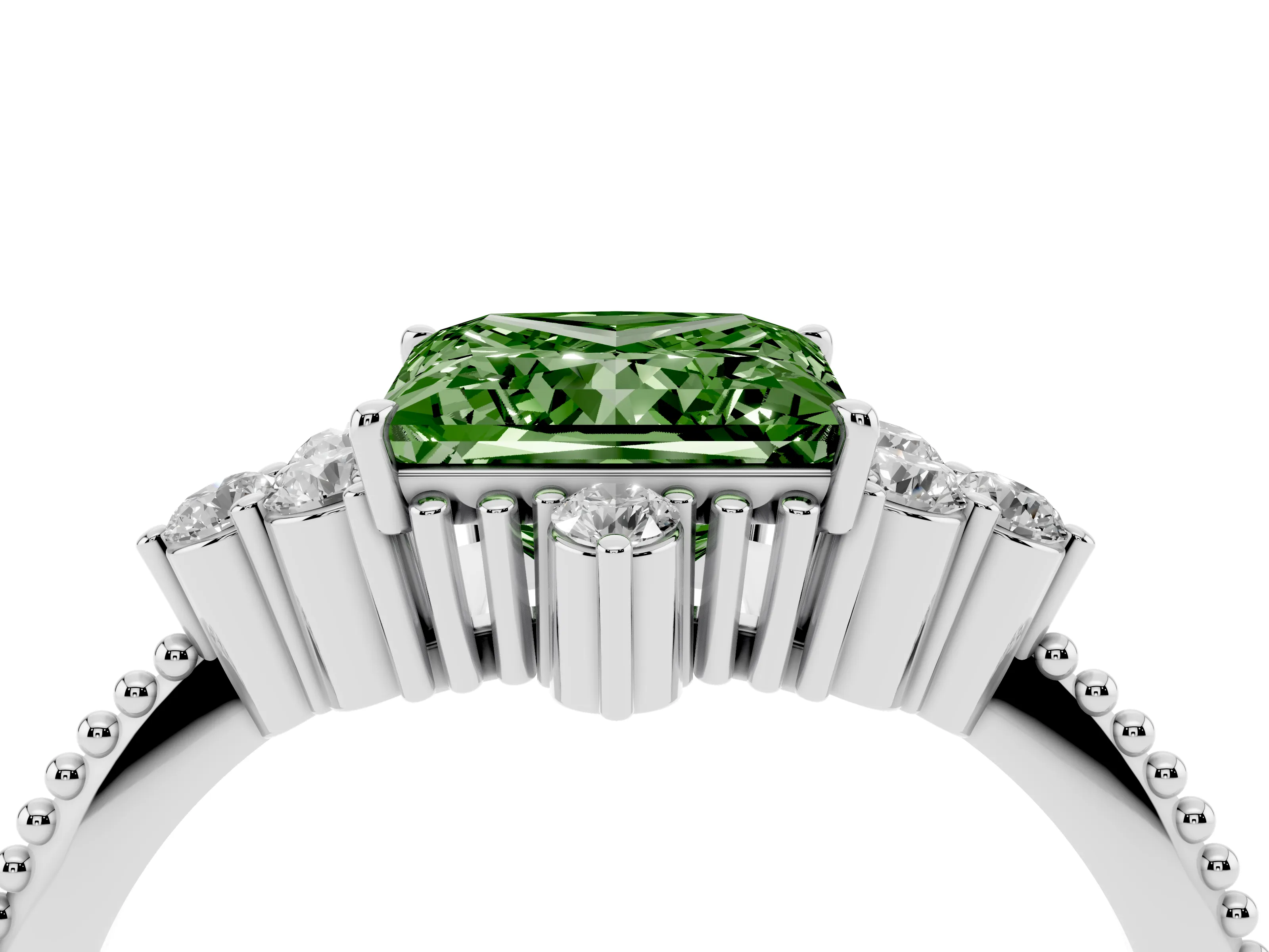 Fancy Green Princess Cut Diamond Cluster Ring Set in Silver with Beaded Band