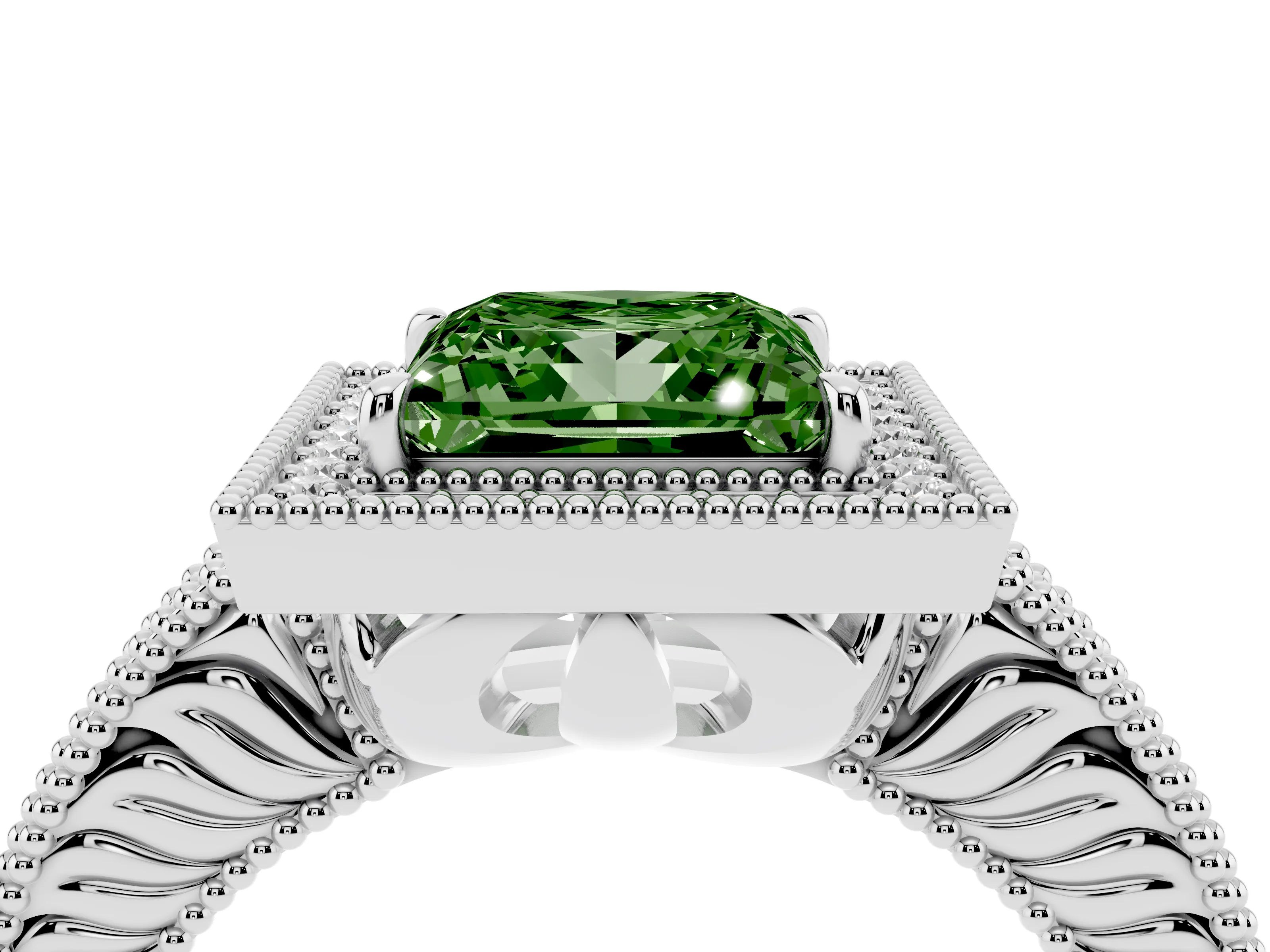 Fancy Green Princess Cut Diamond Halo Ring Set in White gold with Round Accent Halo, Pavé Band and Prong Setting