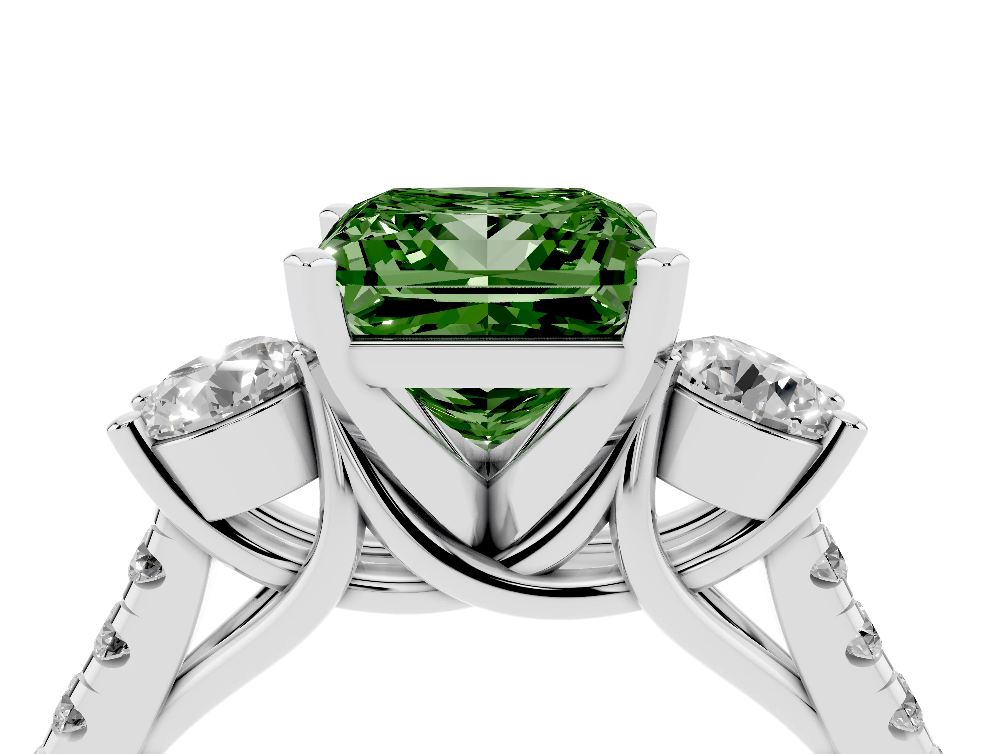 Fancy Green Three-Stone Princess Cut Diamond Pavé Band Ring Set in Platinum with Prong-Set Trio