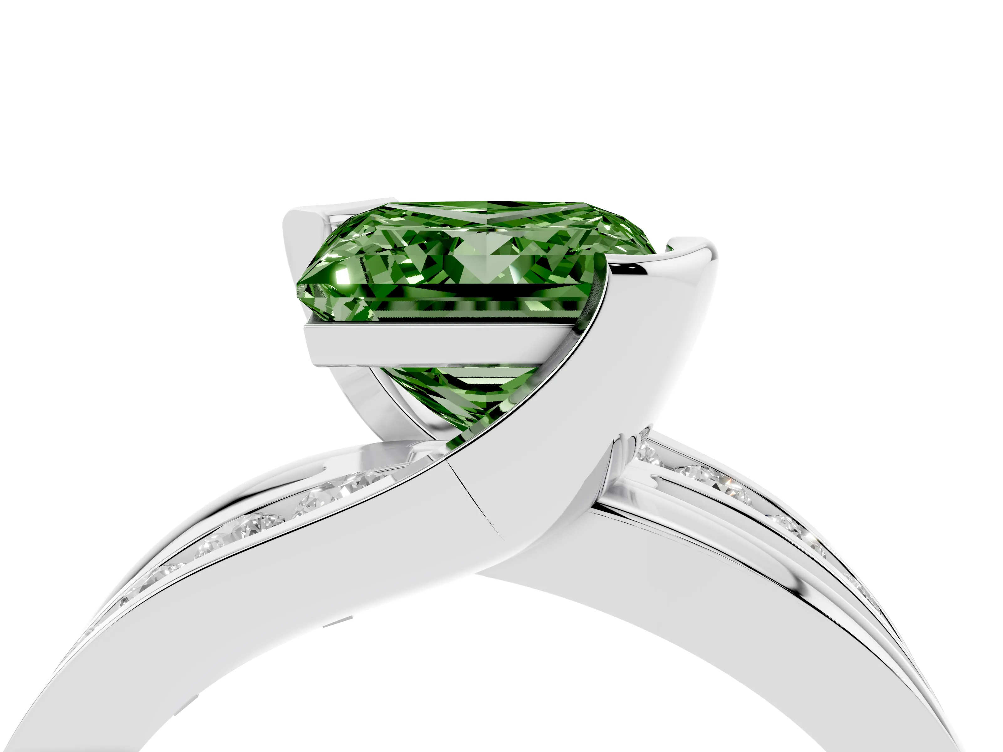 Fancy Green Princess Cut Diamond Solitaire Ring Set in Silver with Channel Set Split Shank and Tension Prongs