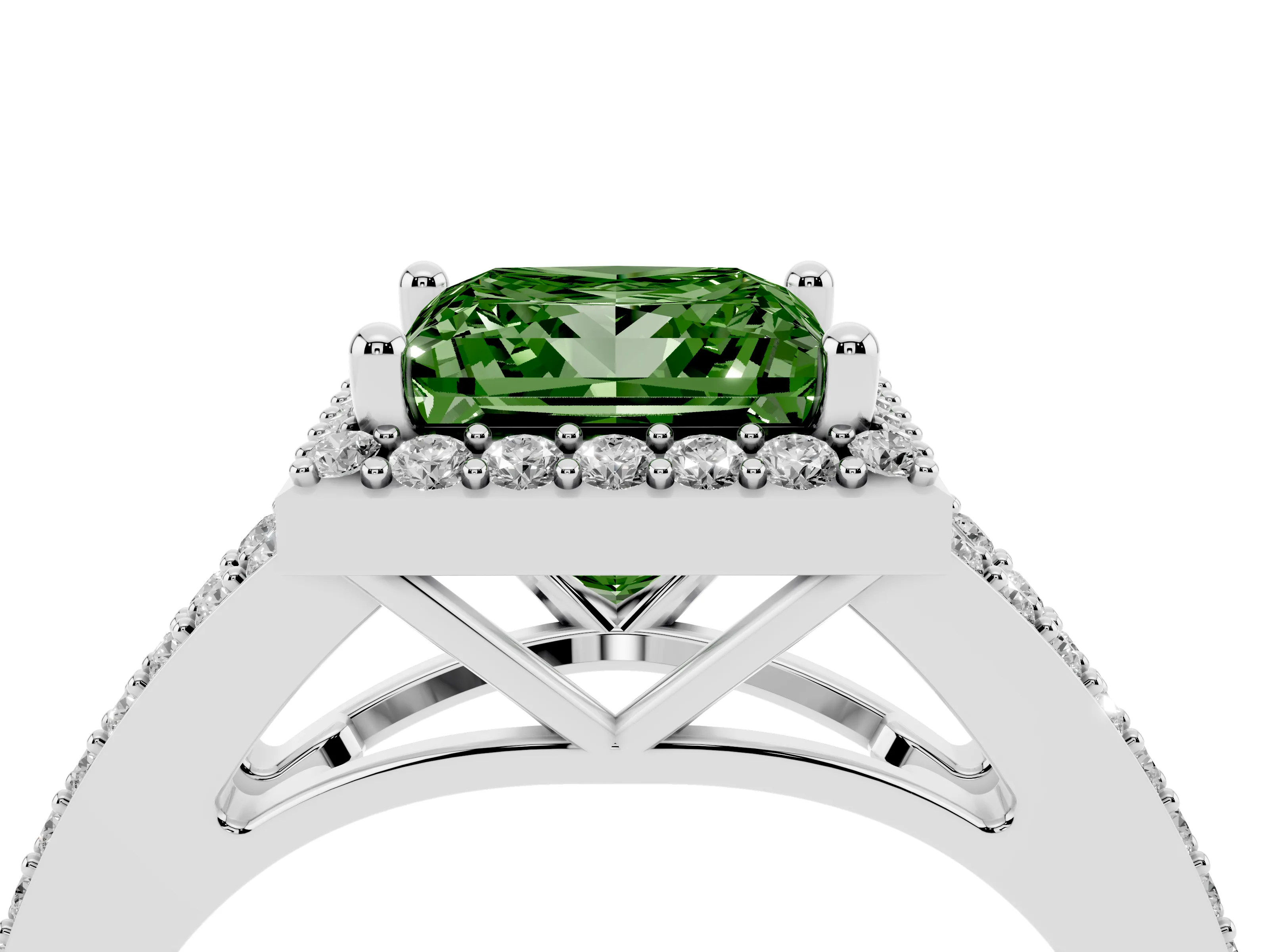 Fancy Green Princess Cut Diamond Halo Split Shank Pavé Ring Set in Silver with Prong Setting