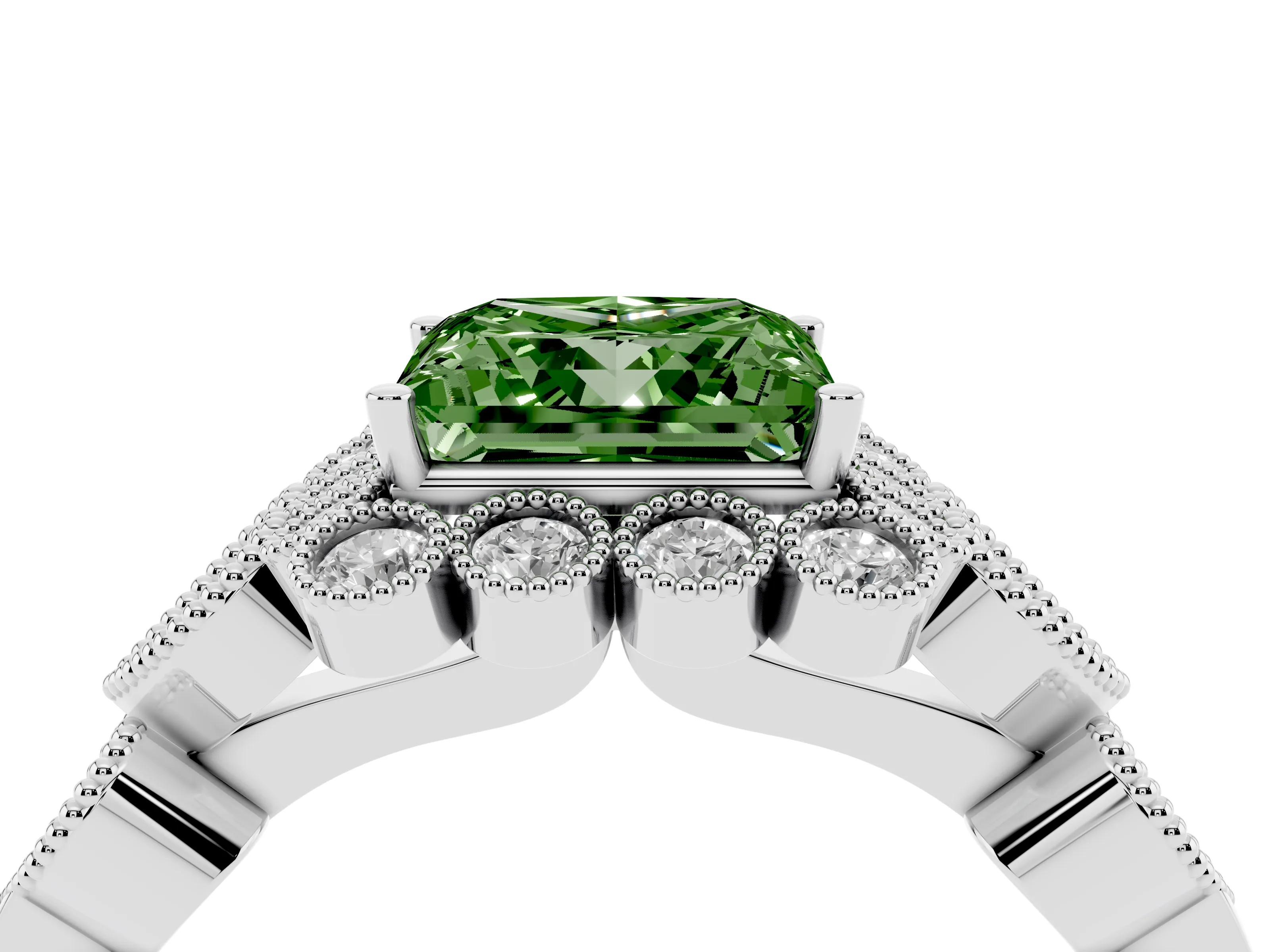 Fancy Green Princess Cut Diamond Solitaire Ring Set in Platinum with Milgrain Pavé Heart Band