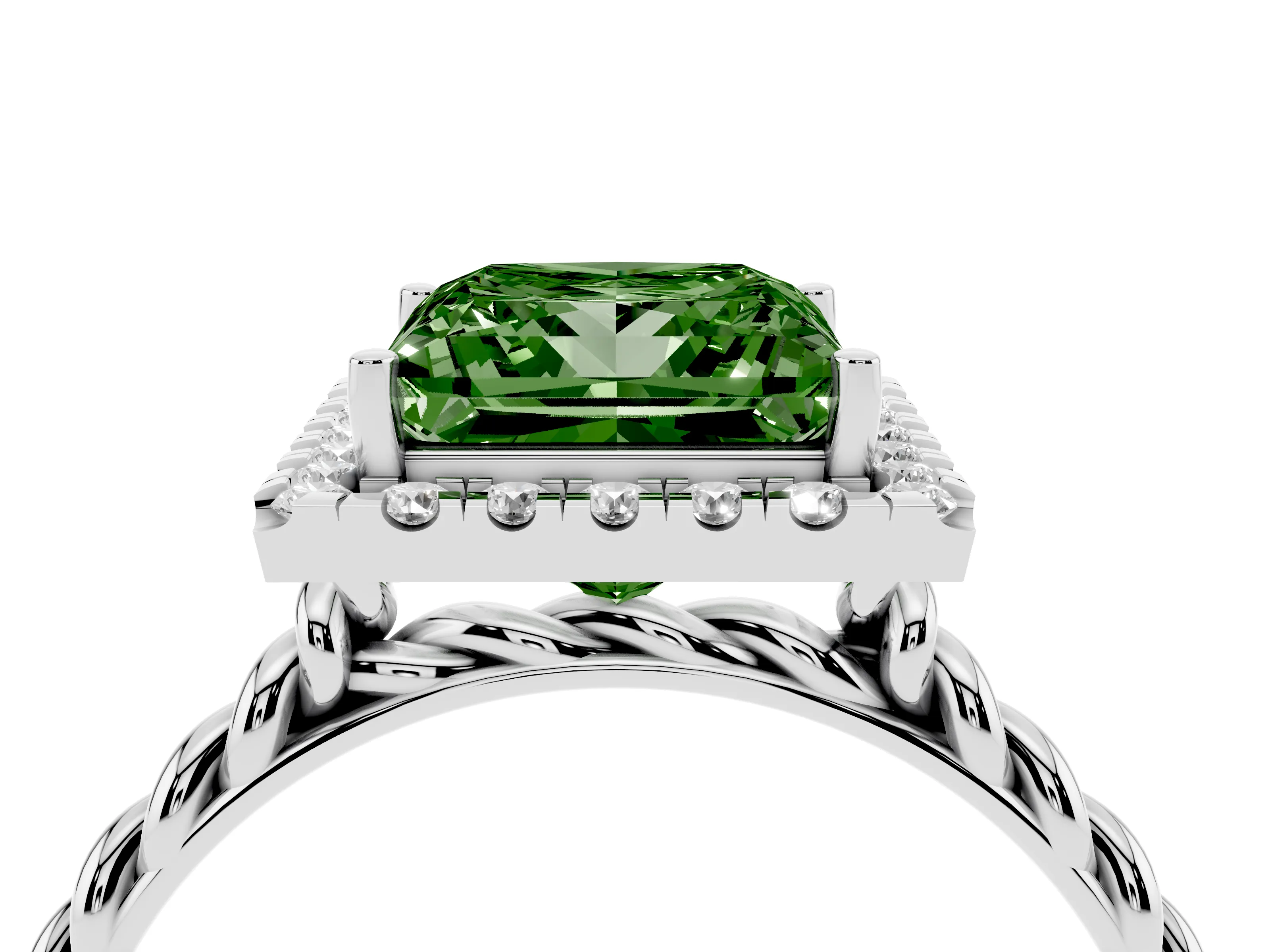 Fancy Green Princess Cut Diamond Halo Ring Set in Silver with Plain Twisted Band
