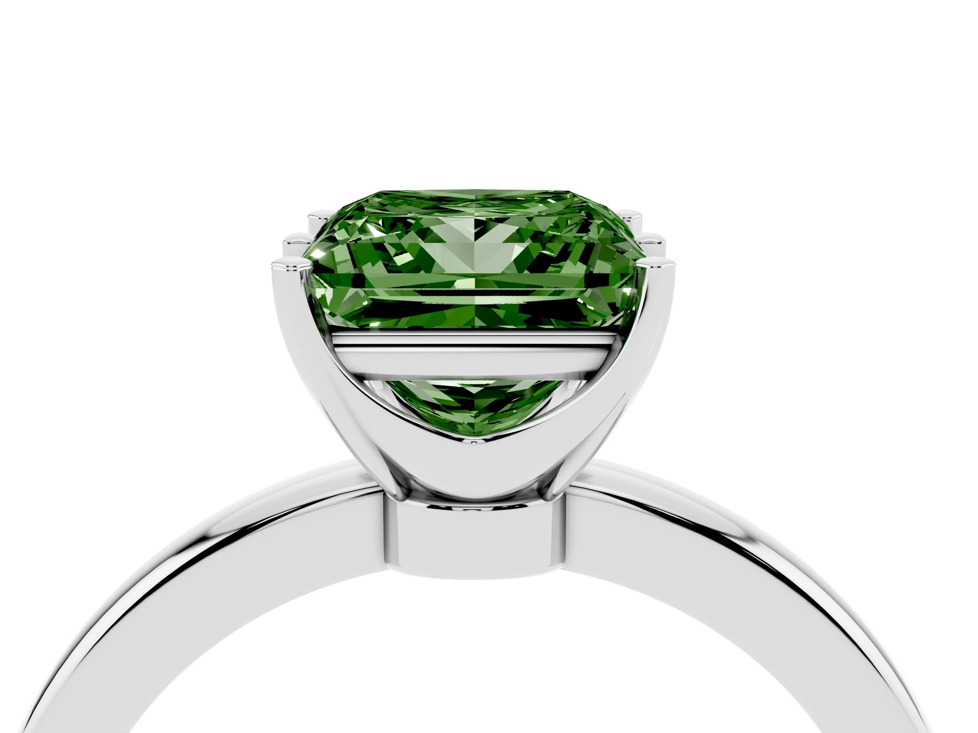 Fancy Green Princess Cut Diamond Solitaire Ring Set in White gold with Raised Prong Setting on a Classic Band