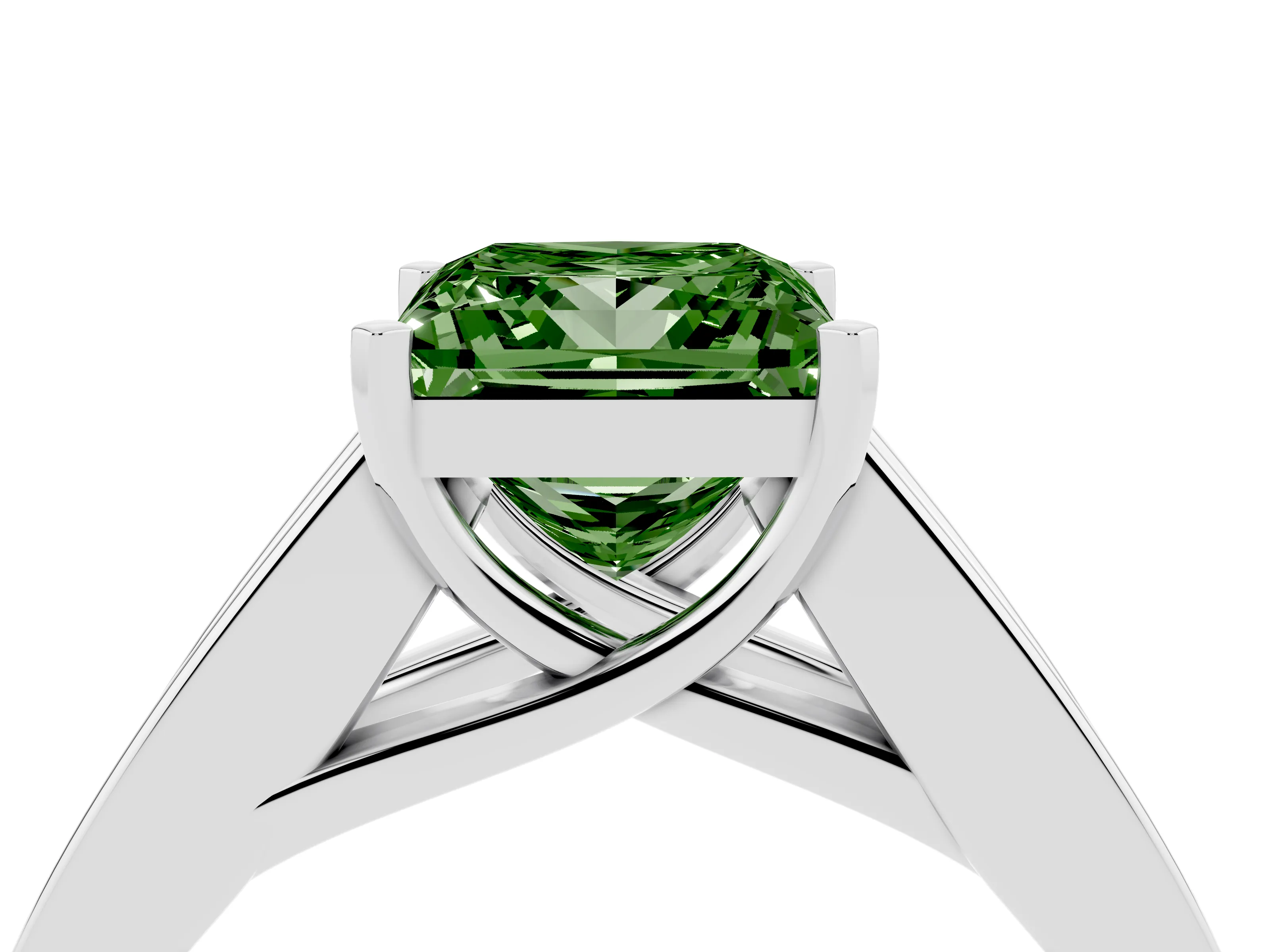 Fancy Green Princess Cut Diamond Solitaire Ring Set in Silver with Channel-Set Accent Stones and Prong Setting