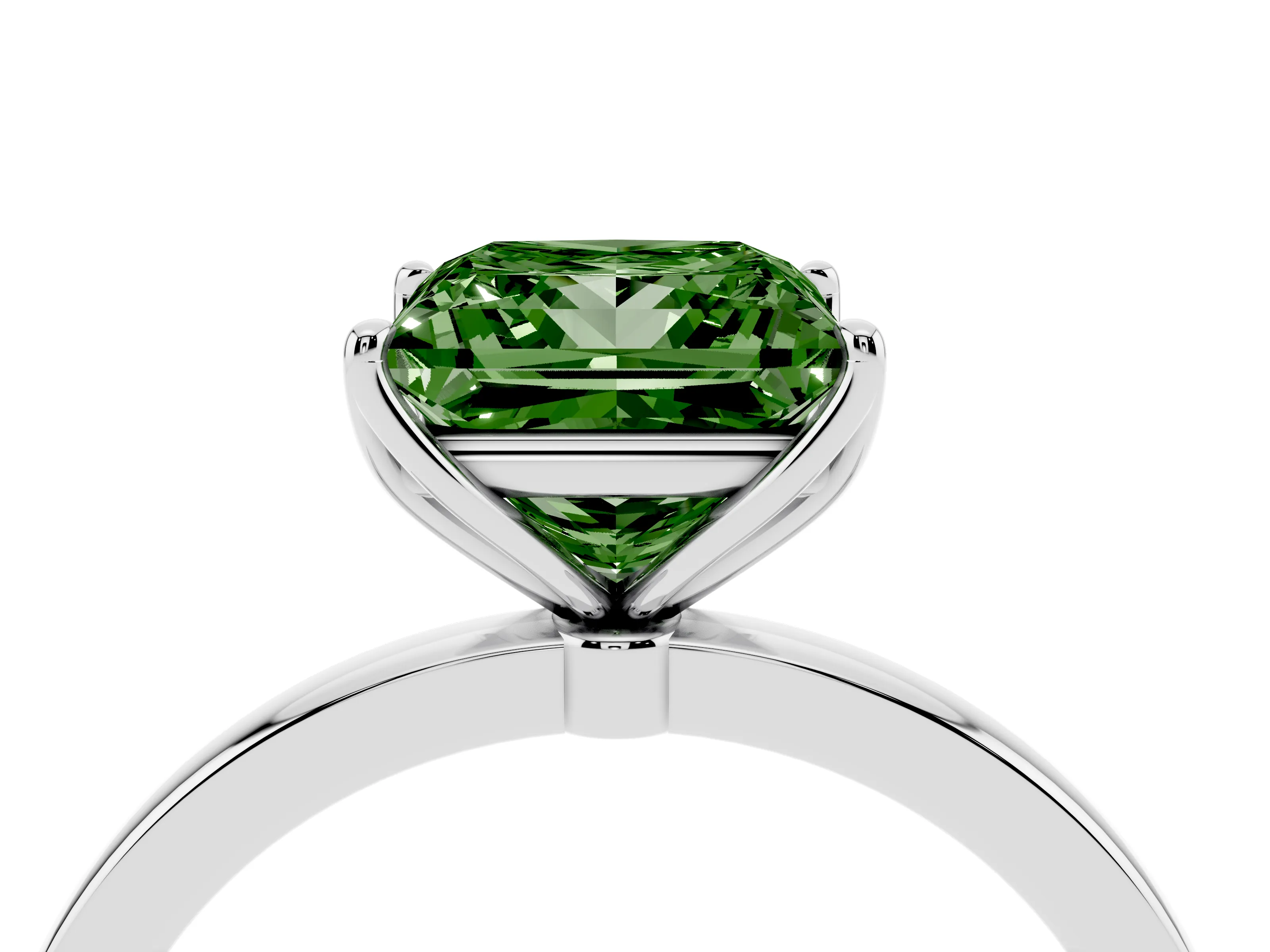 Fancy Green Princess Cut Diamond Solitaire Ring Set in White gold with Prong Setting and Thin Polished Band