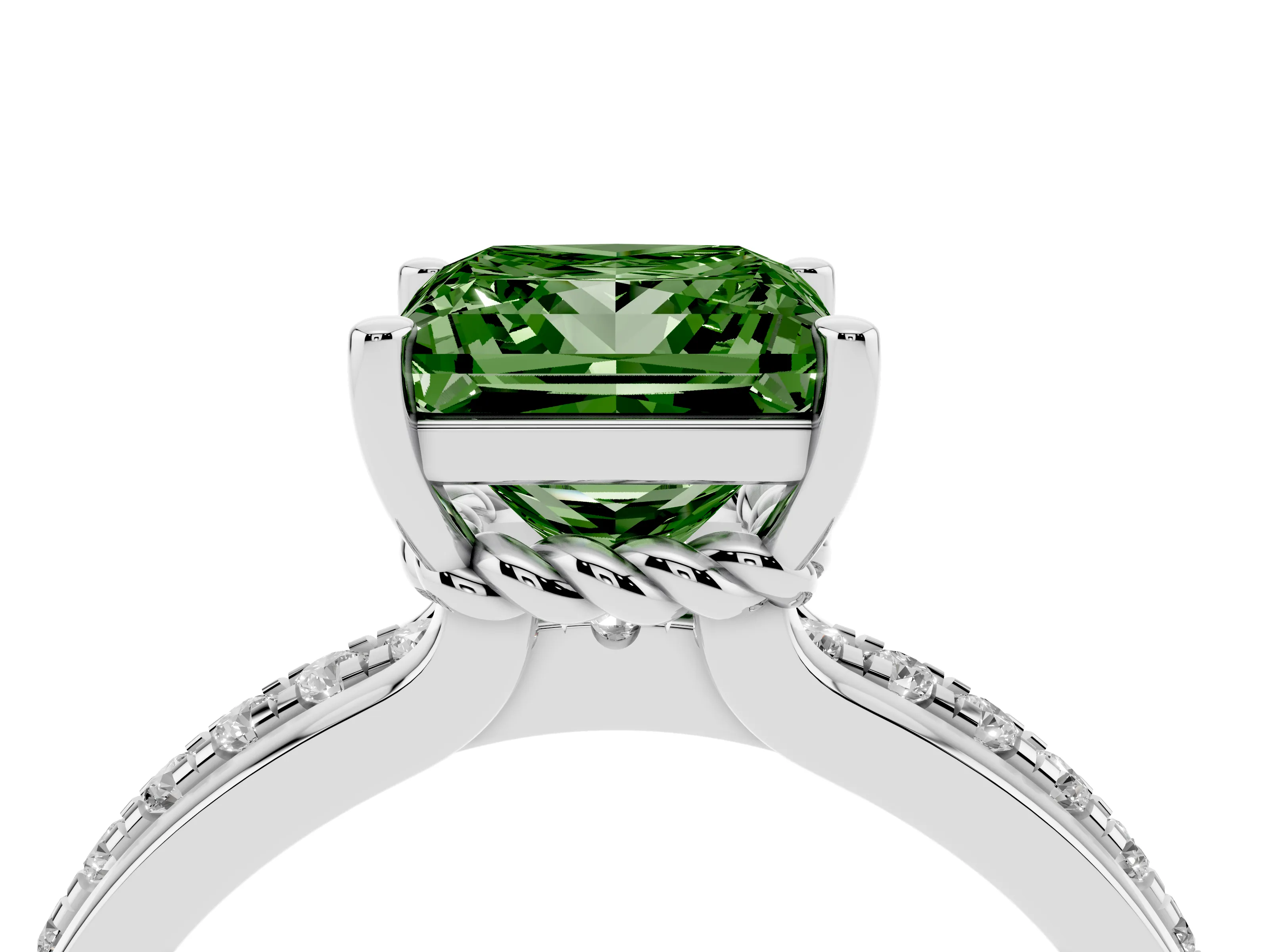 Fancy Green Princess Cut Diamond Solitaire Ring Set in White gold with Channel Set Band and Prong Setting