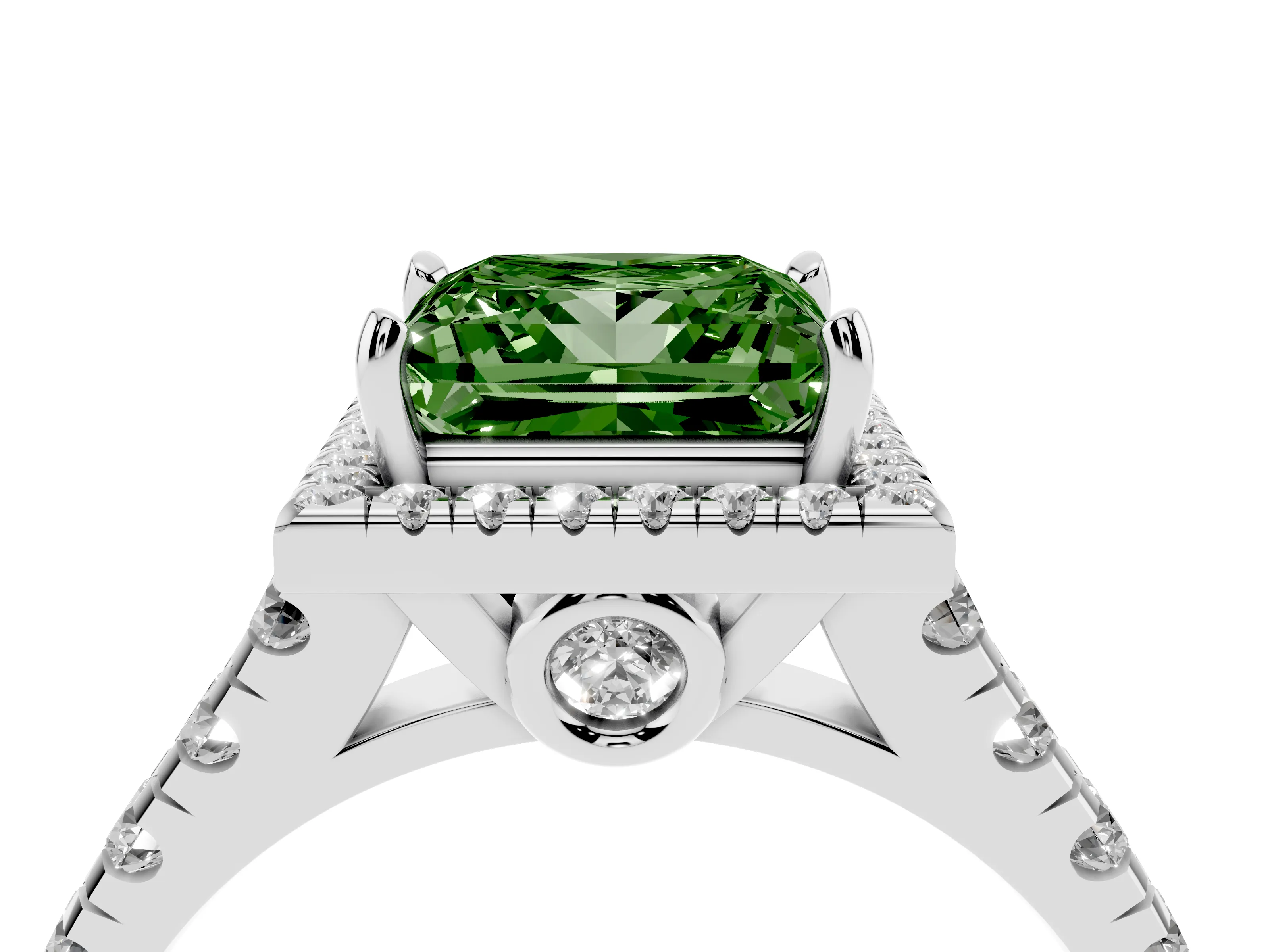 Fancy Green Princess Cut Diamond Halo Engagement Ring Set in Platinum with Pavé Band and Prong-Set Center