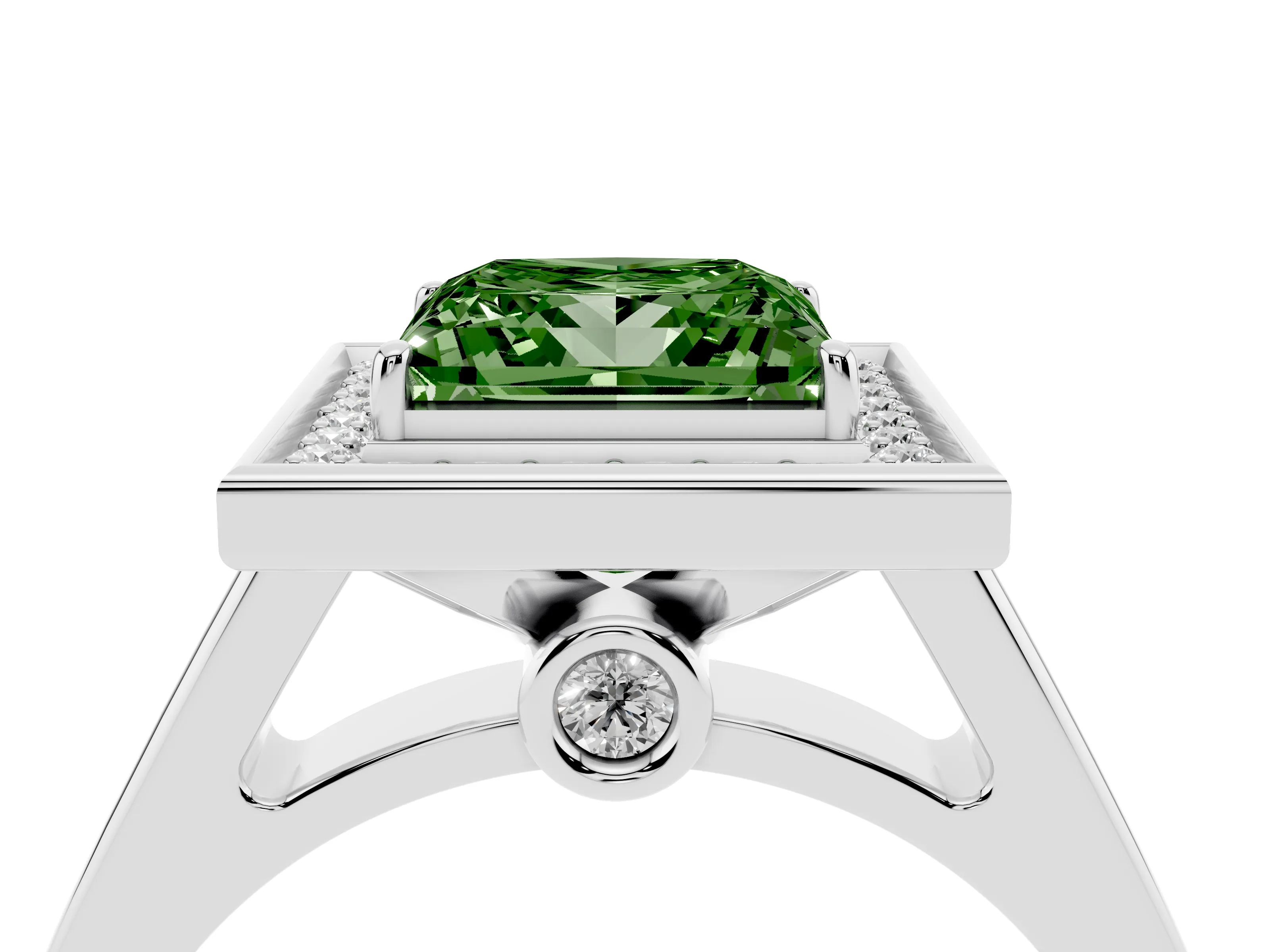 Fancy Green Princess Cut Diamond Halo Solitaire Ring Set in Platinum with Pavé Band and Bezel Setting