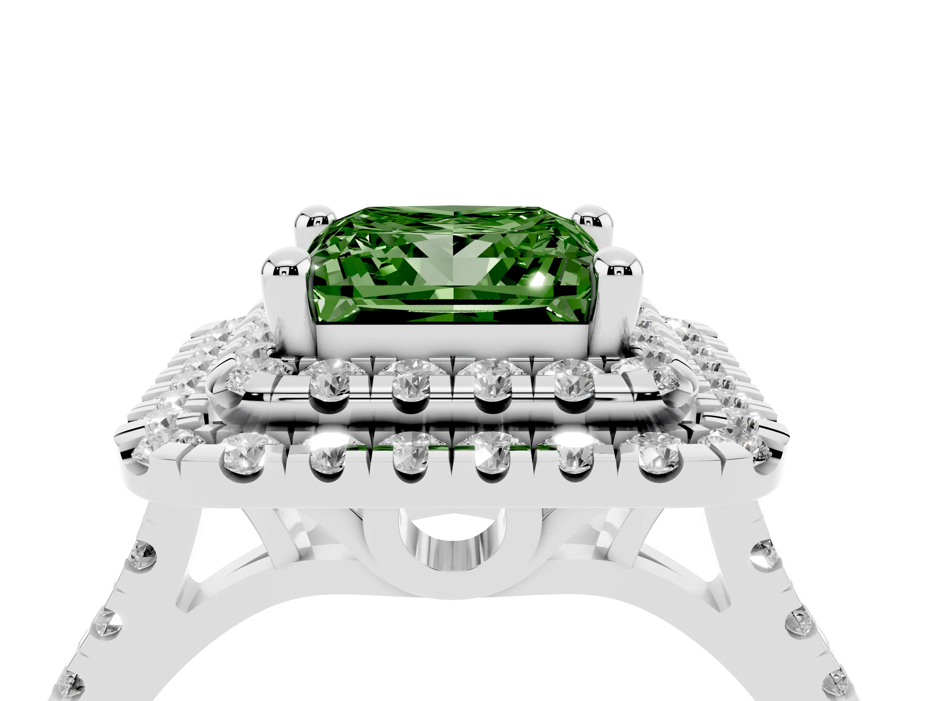 Fancy Green Princess Cut Diamond Double Halo Statement Ring Set in White gold with Pavé Band