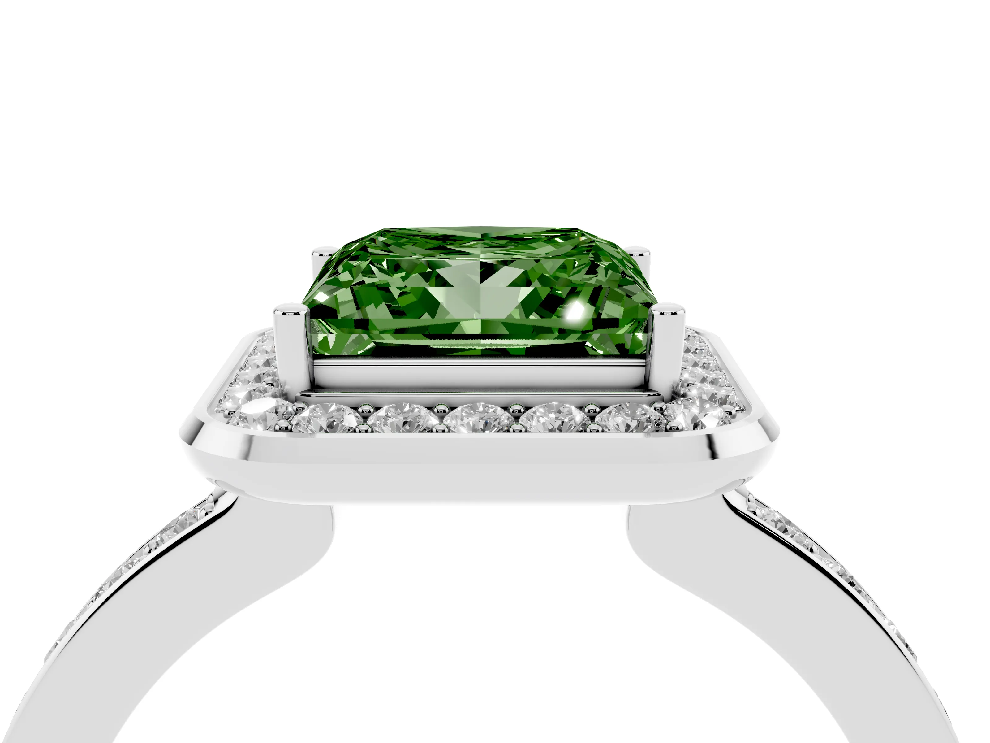 Fancy Green Princess Cut Diamond Halo Ring Set in White gold with Bezel Frame and Pavé Band