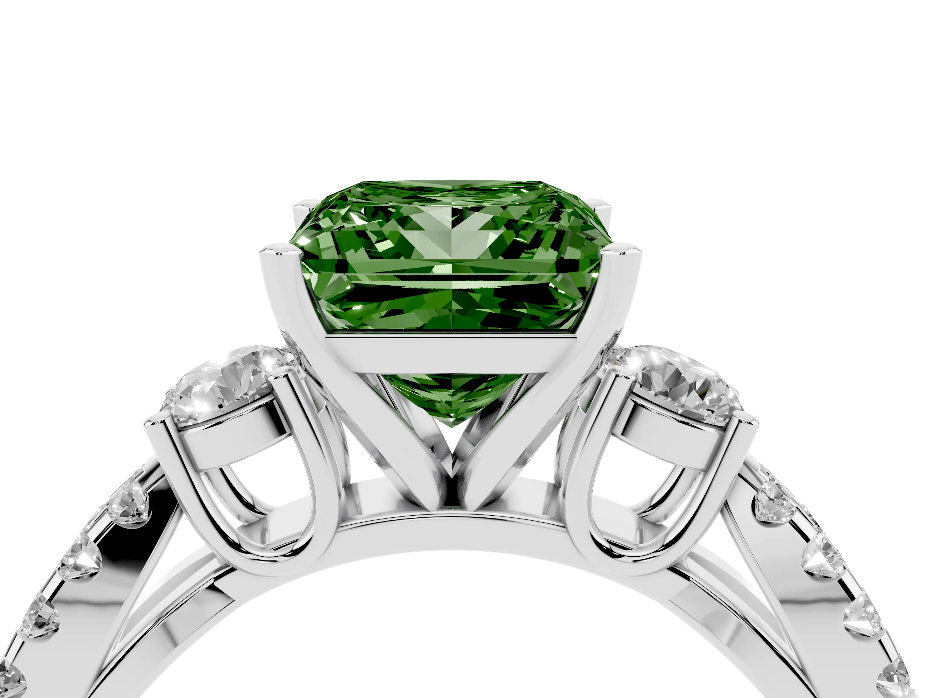 Fancy Green Princess Cut Diamond Three-Stone Ring Set in White gold with Pavé Split Shank and Prong Setting