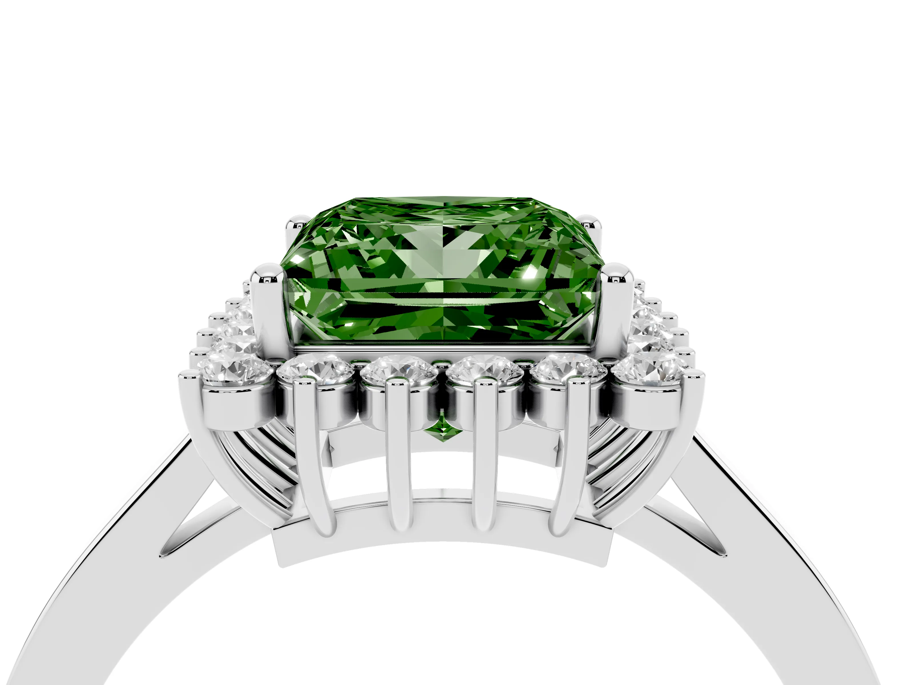 Fancy Green Princess Cut Diamond Halo Ring Set in White gold with Round Halo and Smooth Solitaire Band