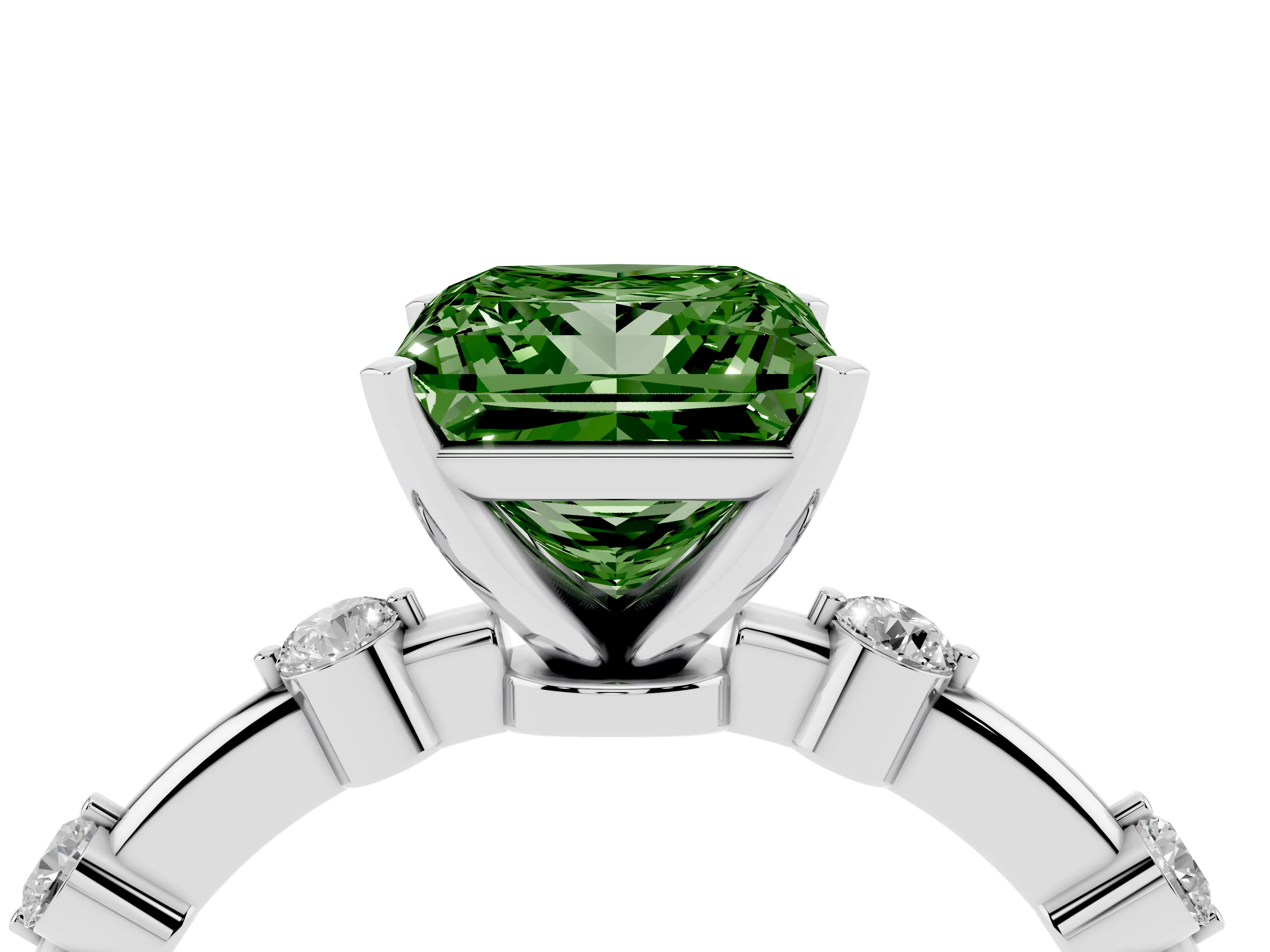 Fancy Green Princess Cut Diamond Solitaire Ring Set in Platinum with Bezel Set Side Stones and Prong Setting