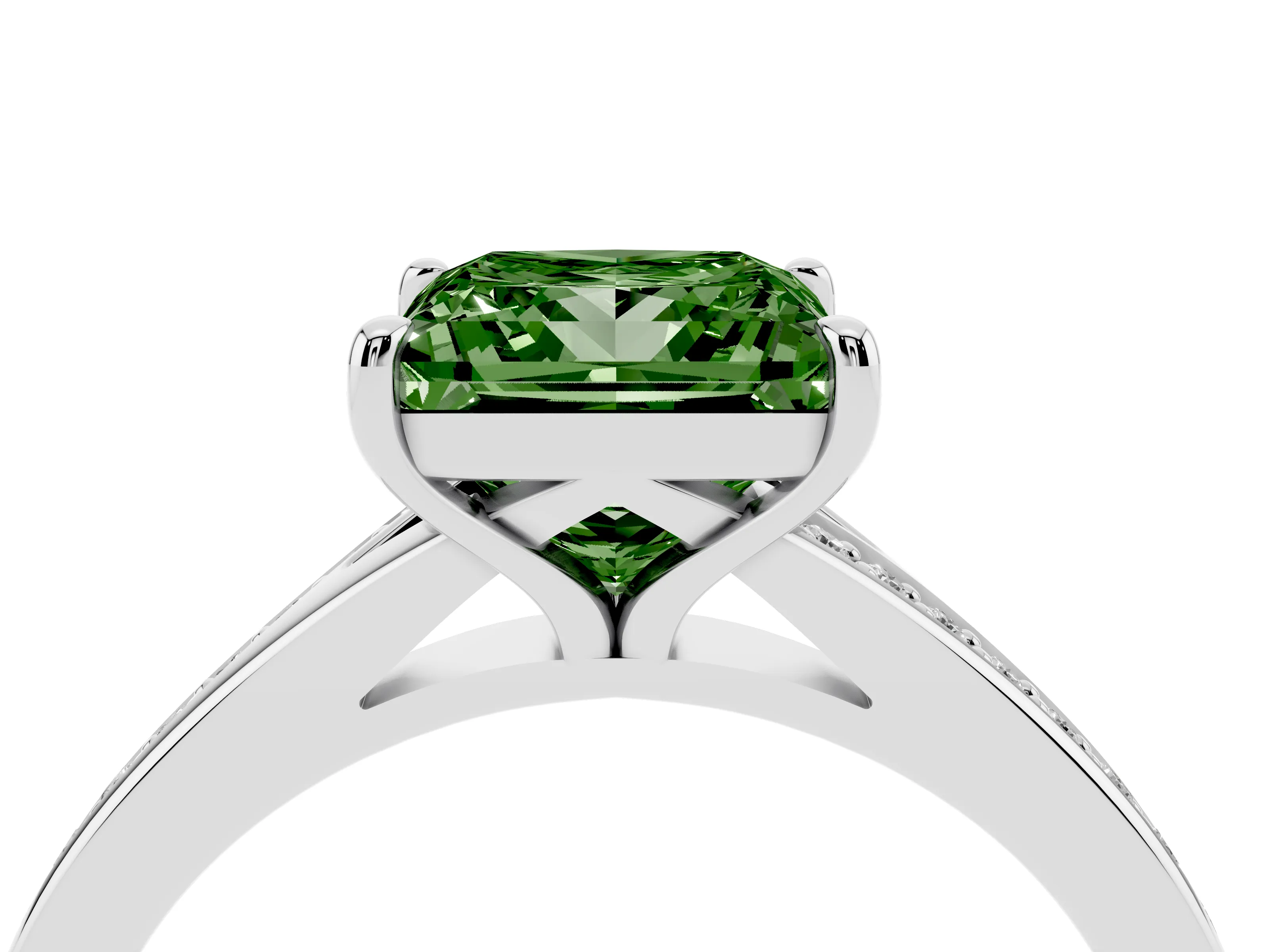 Fancy Green Princess Cut Diamond Solitaire Ring Set in Silver with Pavé Accent Band and Classic Prong Setting