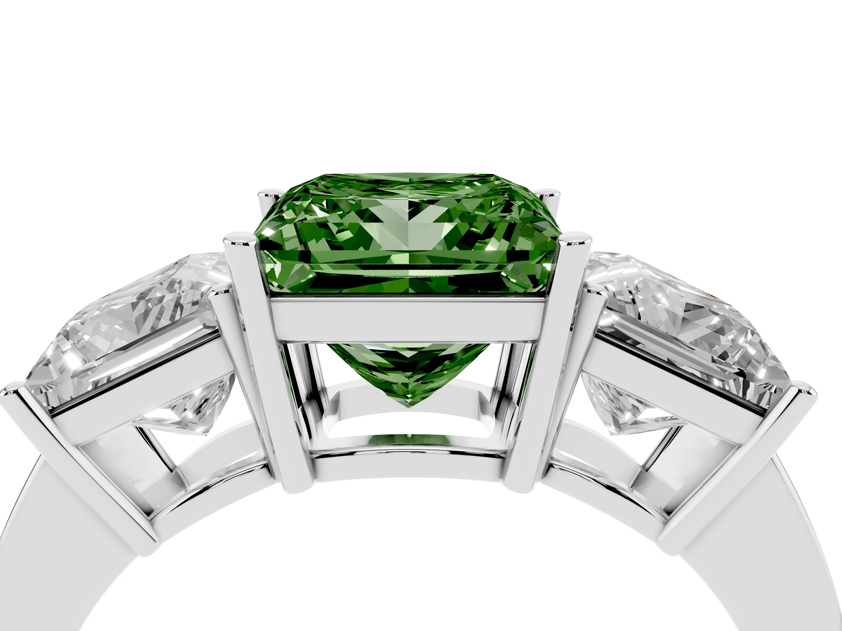 Fancy Green Princess Cut Diamond Three-Stone Engagement Ring Set in Platinum with Flat Band