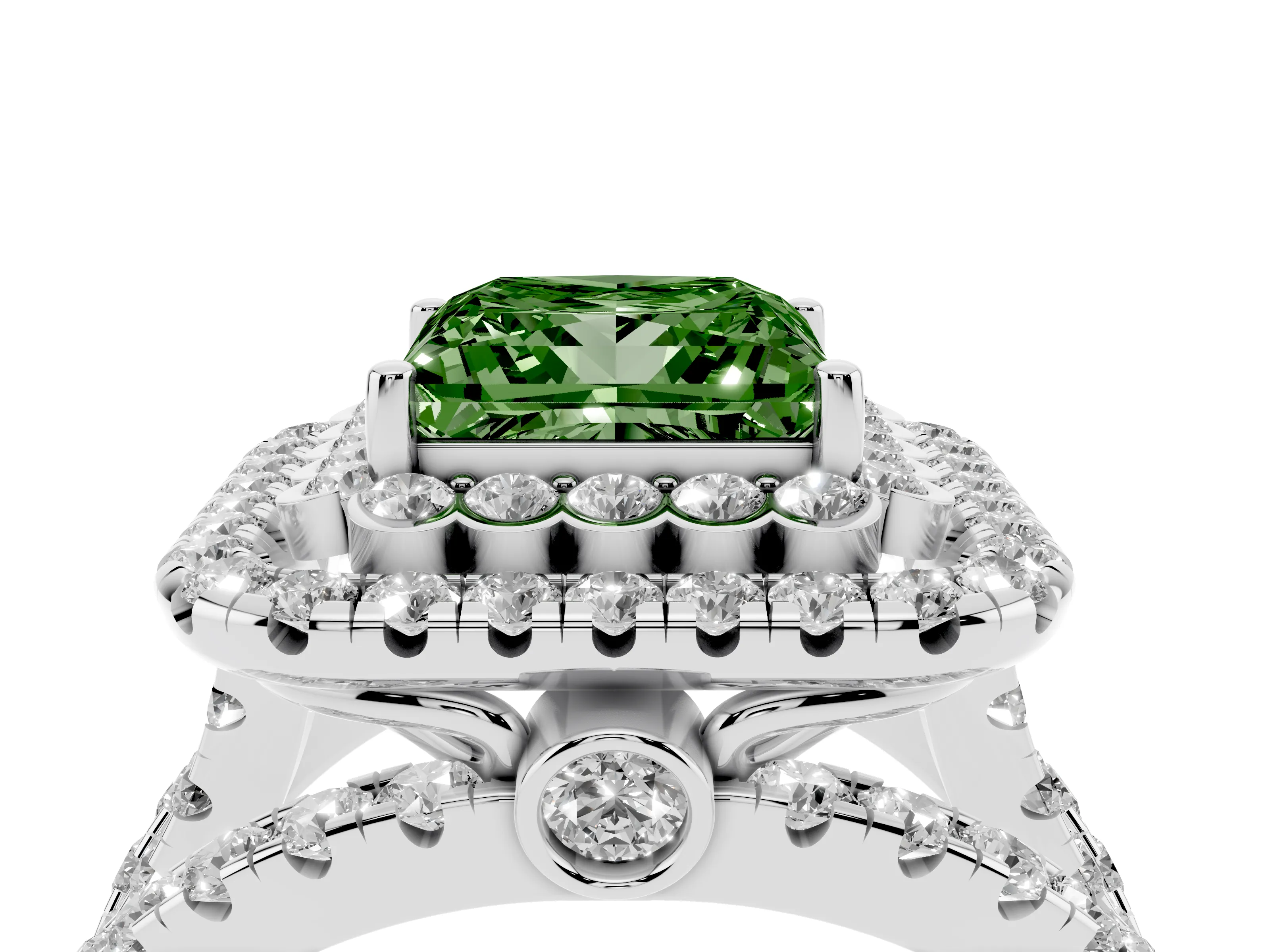 Fancy Green Princess Cut Diamond Double Halo Ring Set in White gold with Round Pavé Split Shank