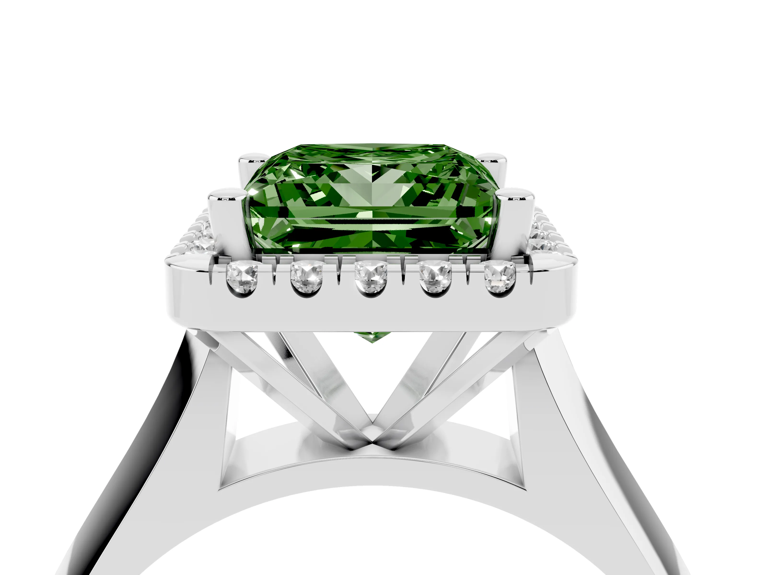 Fancy Green Princess Cut Diamond Halo Solitaire Engagement Ring Set in White gold with Square Band and Prong Setting