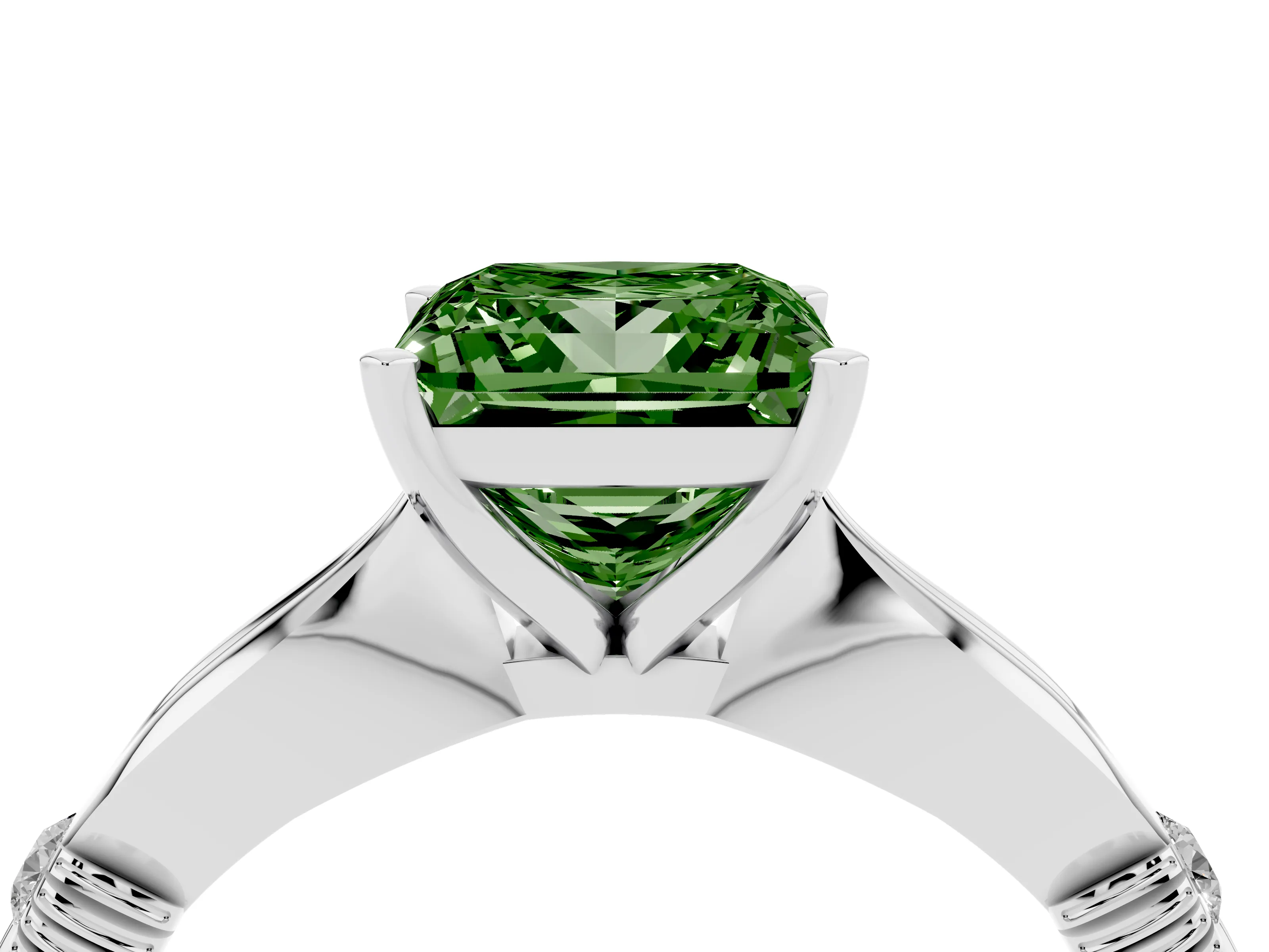 Fancy Green Princess Cut Diamond Solitaire Twisted Band Ring Set in Platinum with Accent Stones and Prong Setting