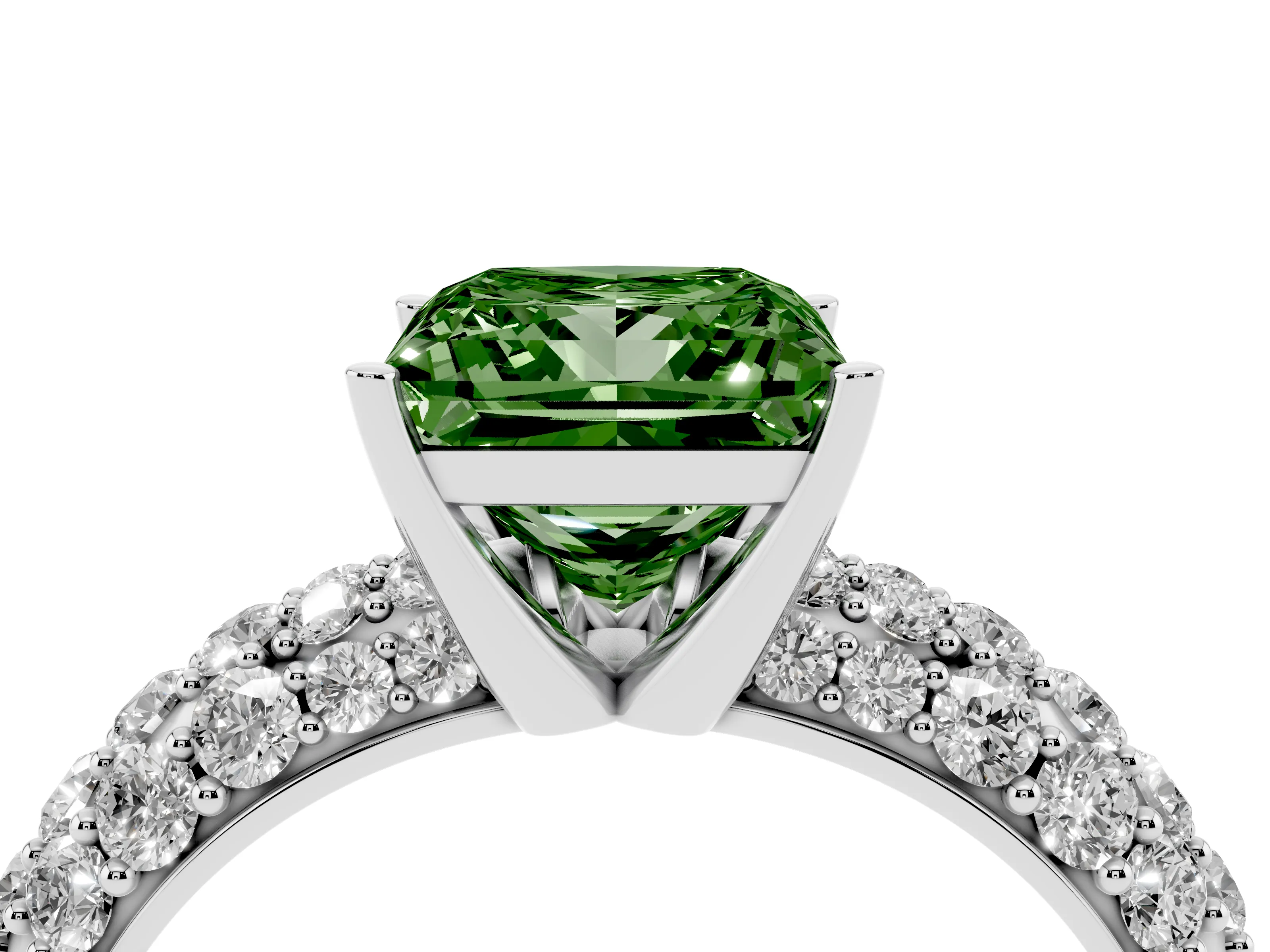 Fancy Green Princess Cut Diamond Pavé Band Solitaire Ring Set in Platinum with Close-Set Accent Stones and Prong Setting