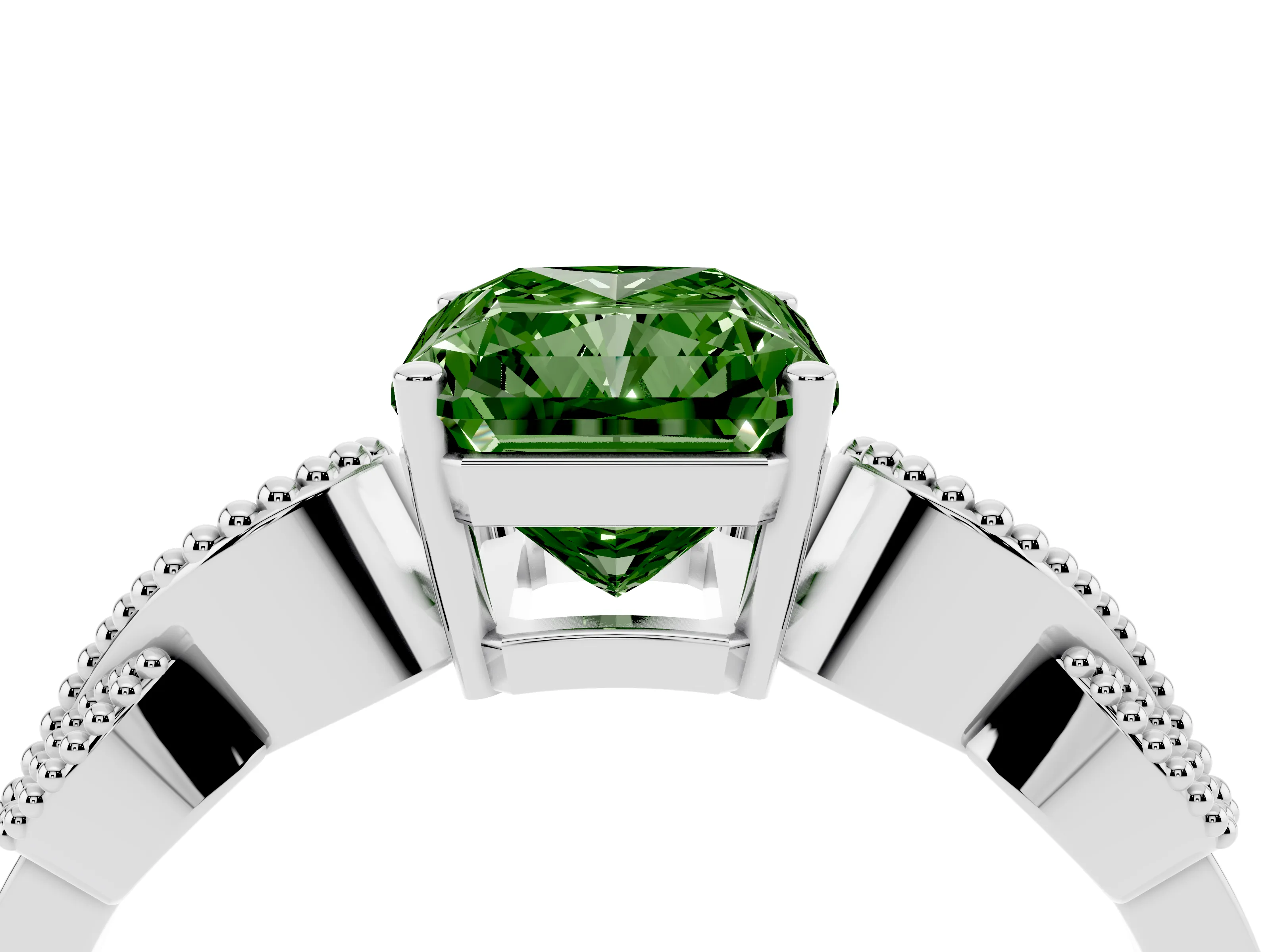 Fancy Green Princess Cut Diamond Milgrain Leaf Band Solitaire Ring Set in Silver with Accent Stones and Prong Setting