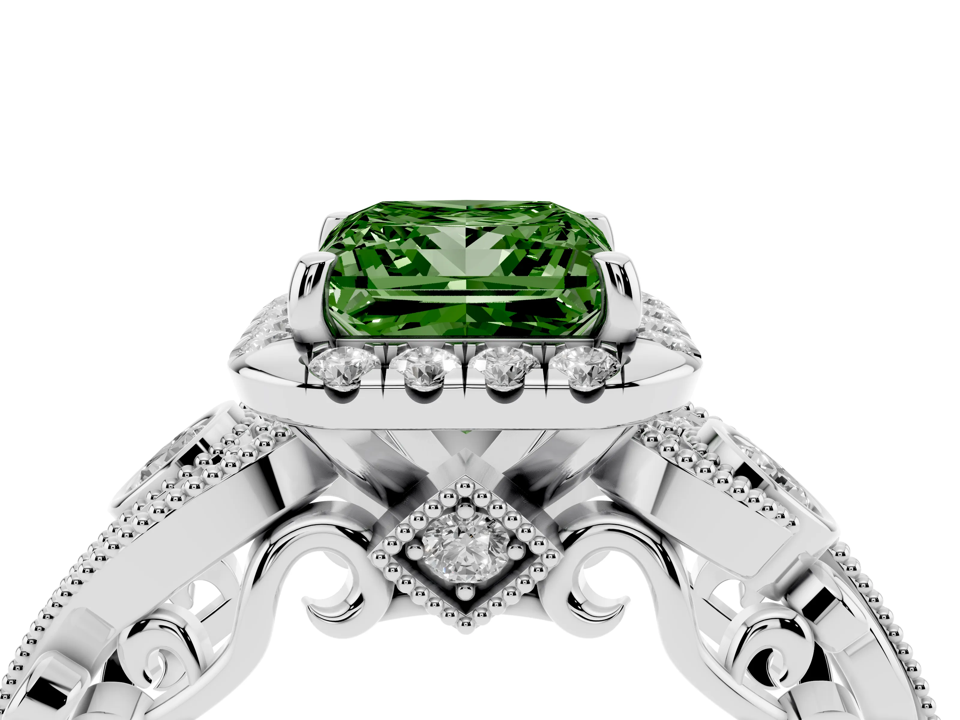 Fancy Green Princess Cut Diamond Halo Split Shank Ring Set in Silver with Milgrain and Bezel Accents
