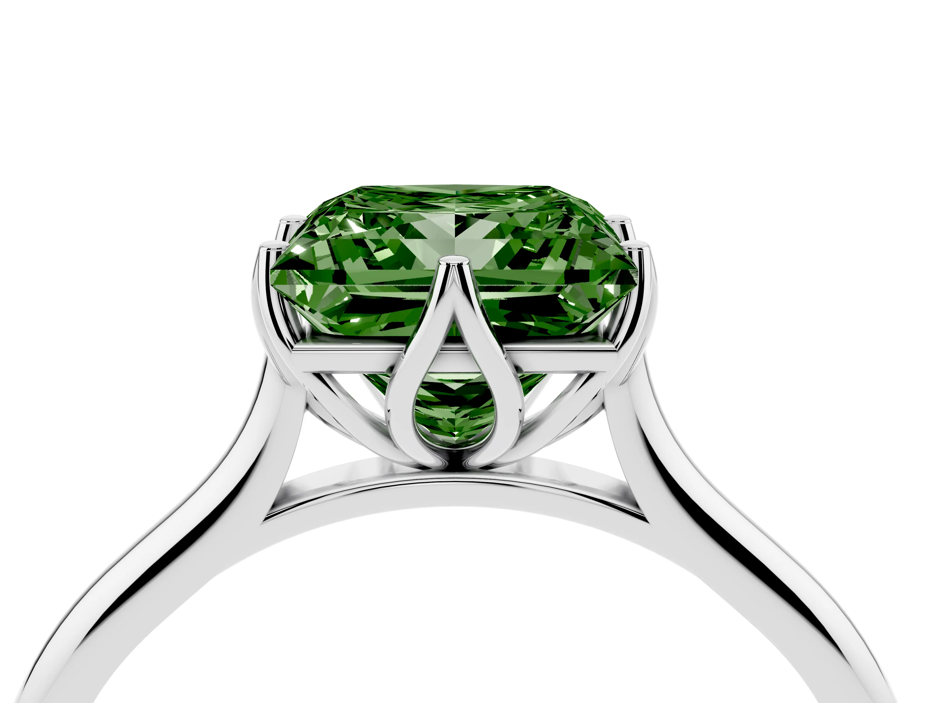 Fancy Green Princess Cut Diamond Solitaire Cathedral Ring Set in Silver with Prong Setting