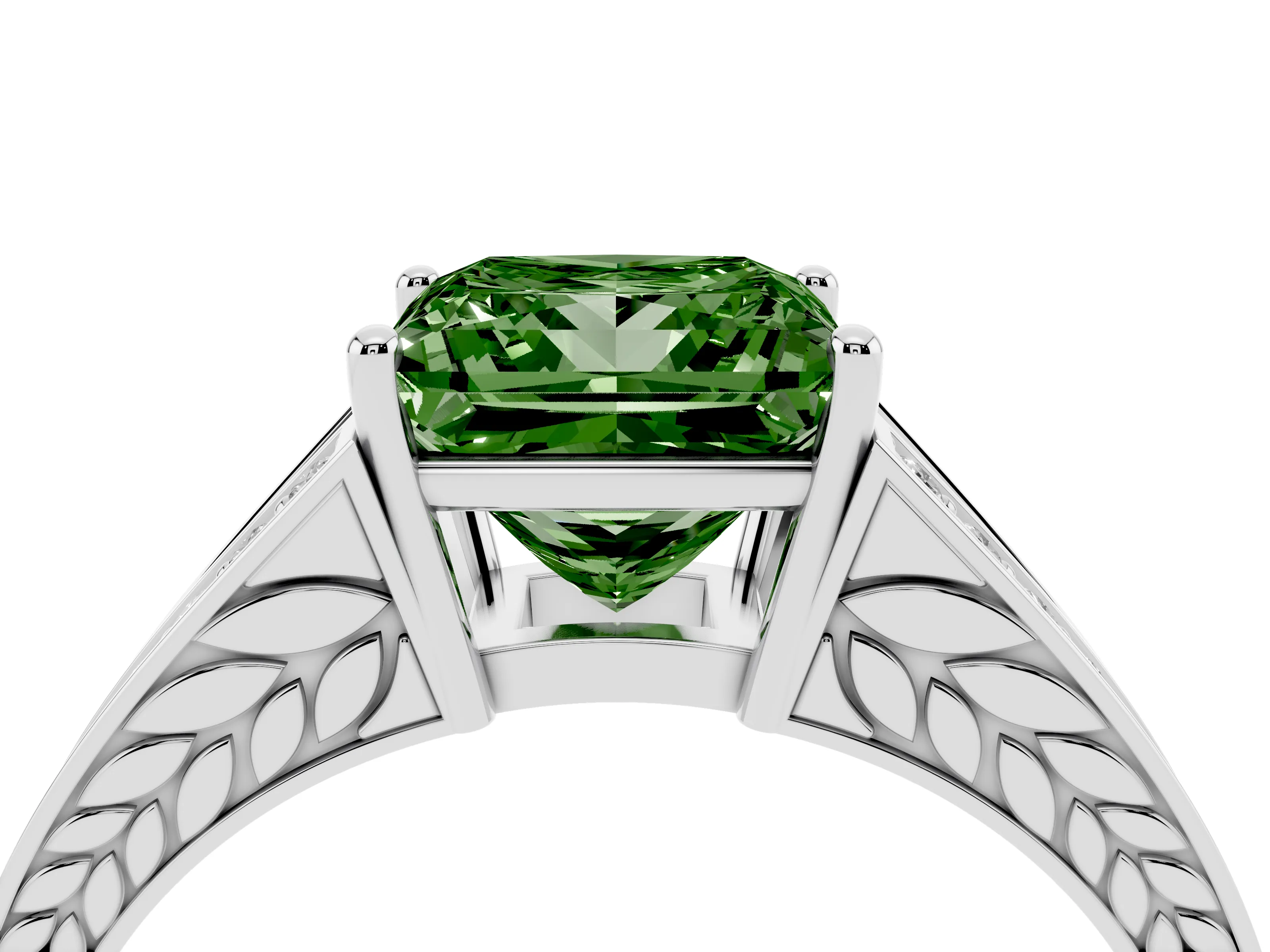 Fancy Green Princess Cut Diamond Split Shank Ring Set in White gold with Pavé Band and Prong Setting