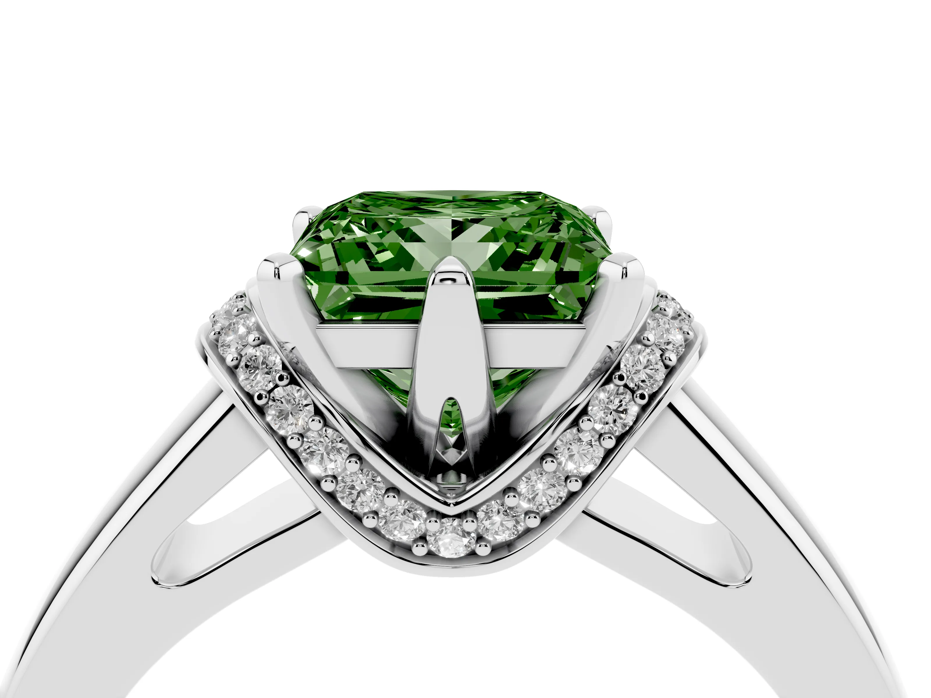 Fancy Green Princess Cut Diamond Pavé Band Solitaire Ring Set in Platinum with Prong Setting