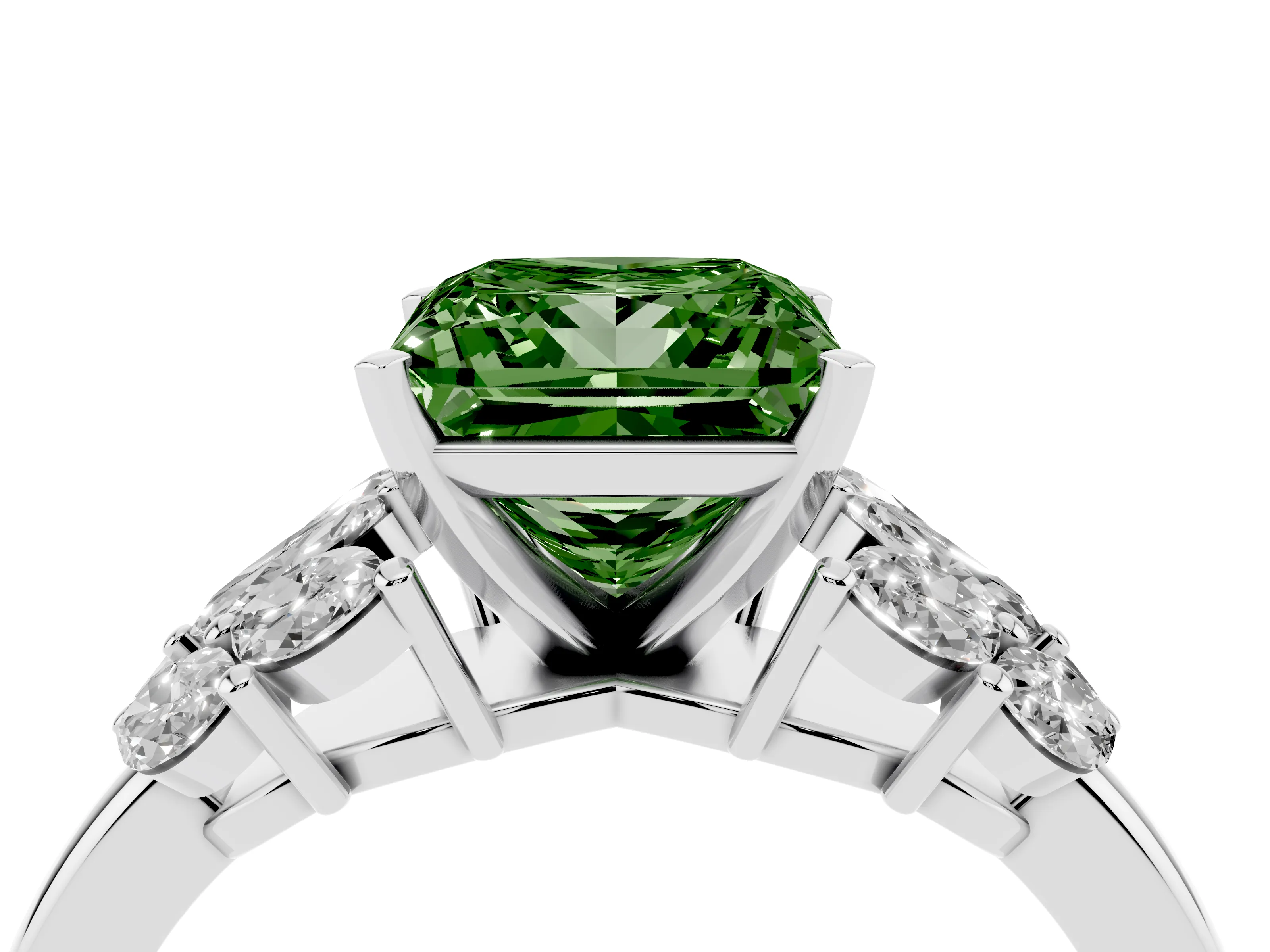 Fancy Green Princess Cut Diamond Cluster Leaf Design Ring Set in White gold with Prong Setting