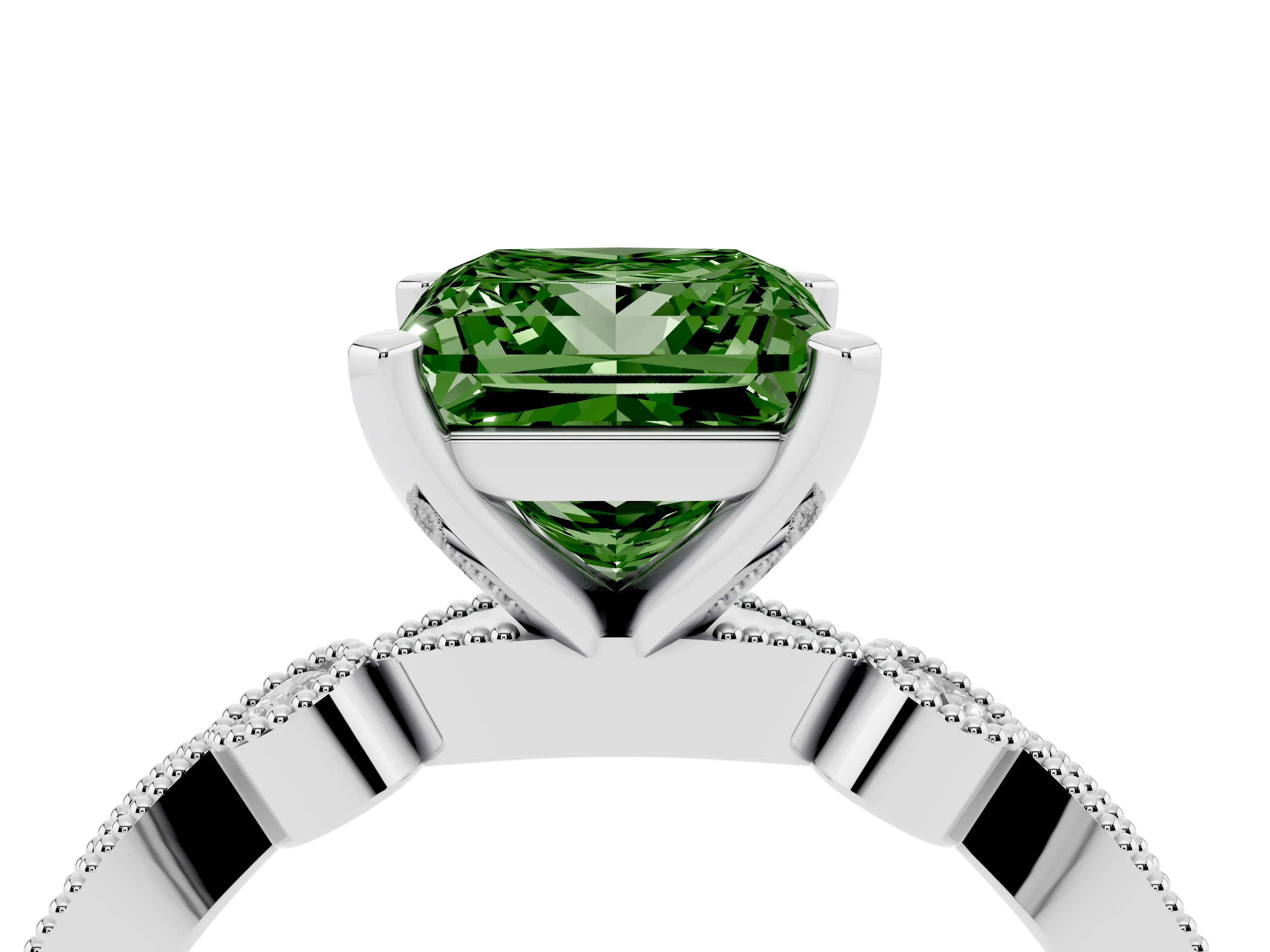 Fancy Green Princess Cut Diamond Solitaire Engagement Ring Set in Silver with Milgrain Bezel Accent Band