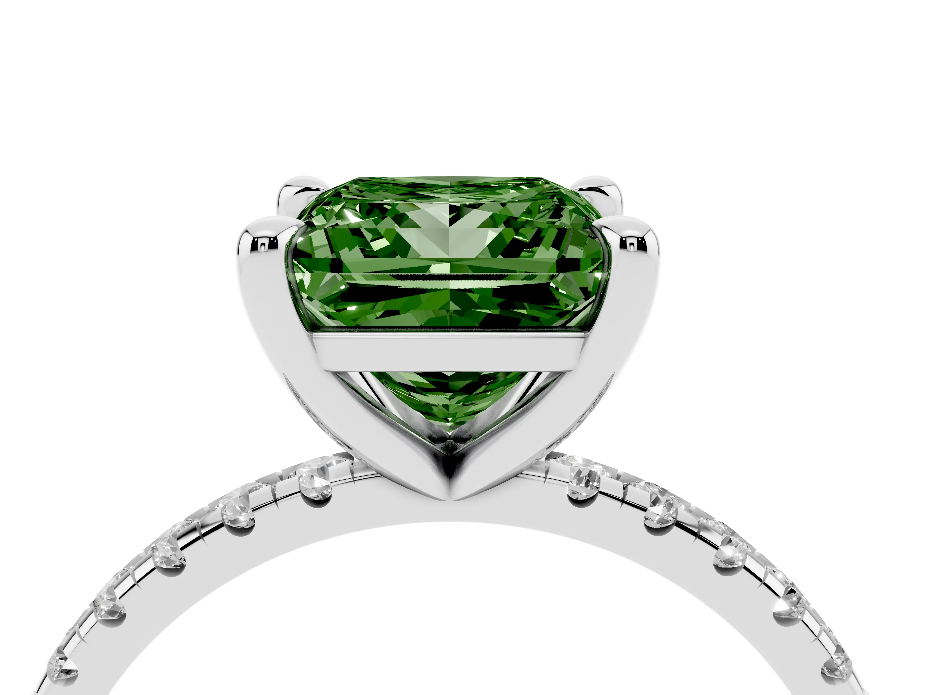 Fancy Green Princess Cut Diamond Brilliant Solitaire Ring Set in White gold with Pavé Band and Prong Setting