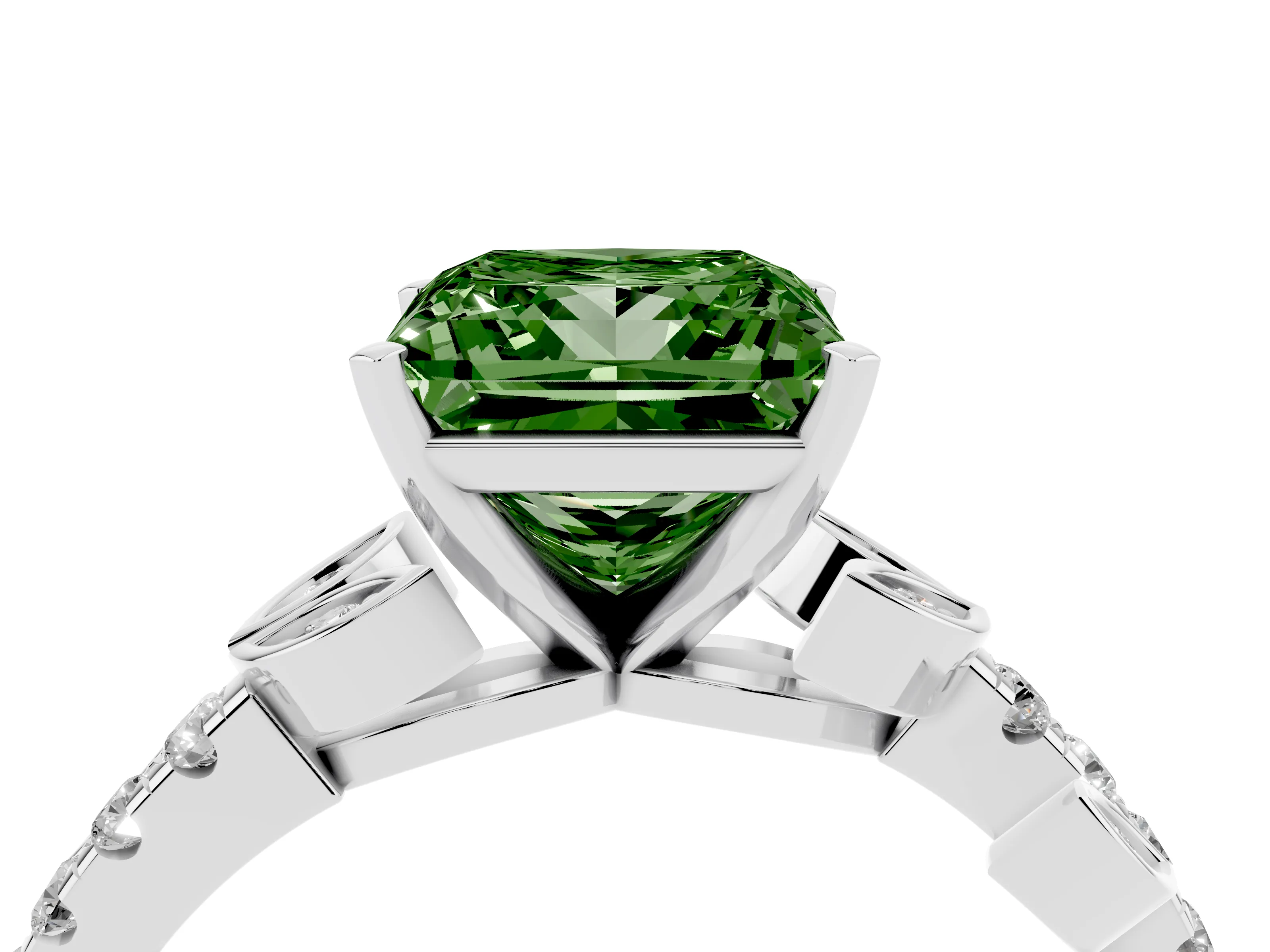 Fancy Green Princess Cut Diamond Solitaire Leaf-Inspired Ring Set in White gold with Pavé Band and Prong Setting