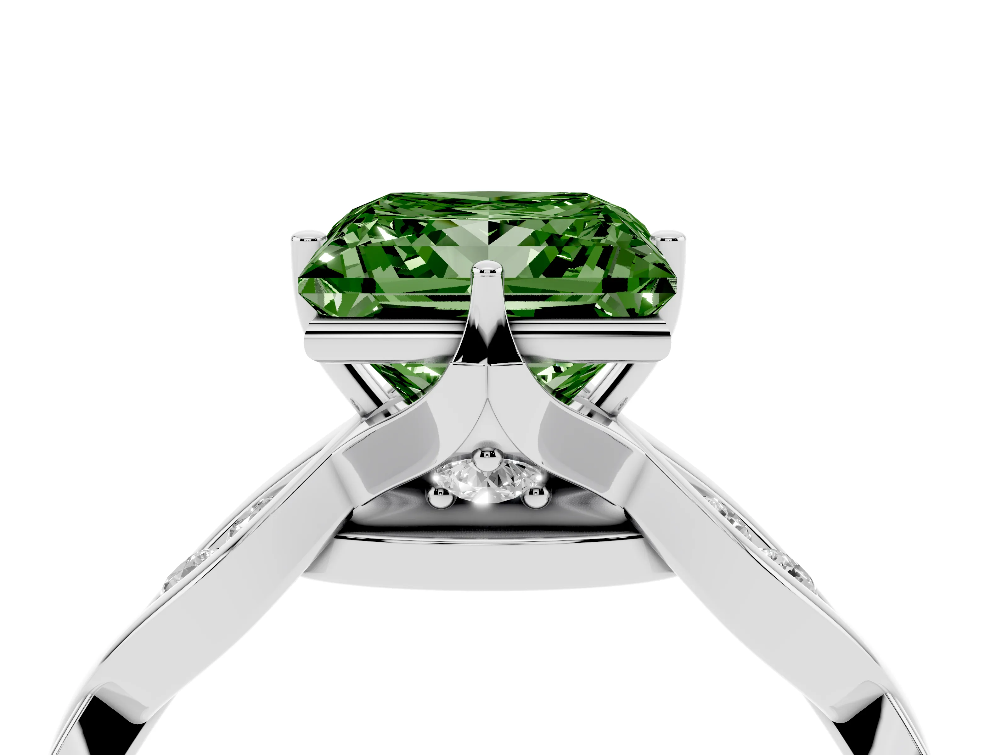 Fancy Green Princess Cut Diamond Twist Band Solitaire Ring Set in White gold with Leaf Prong Setting and Accent Stones