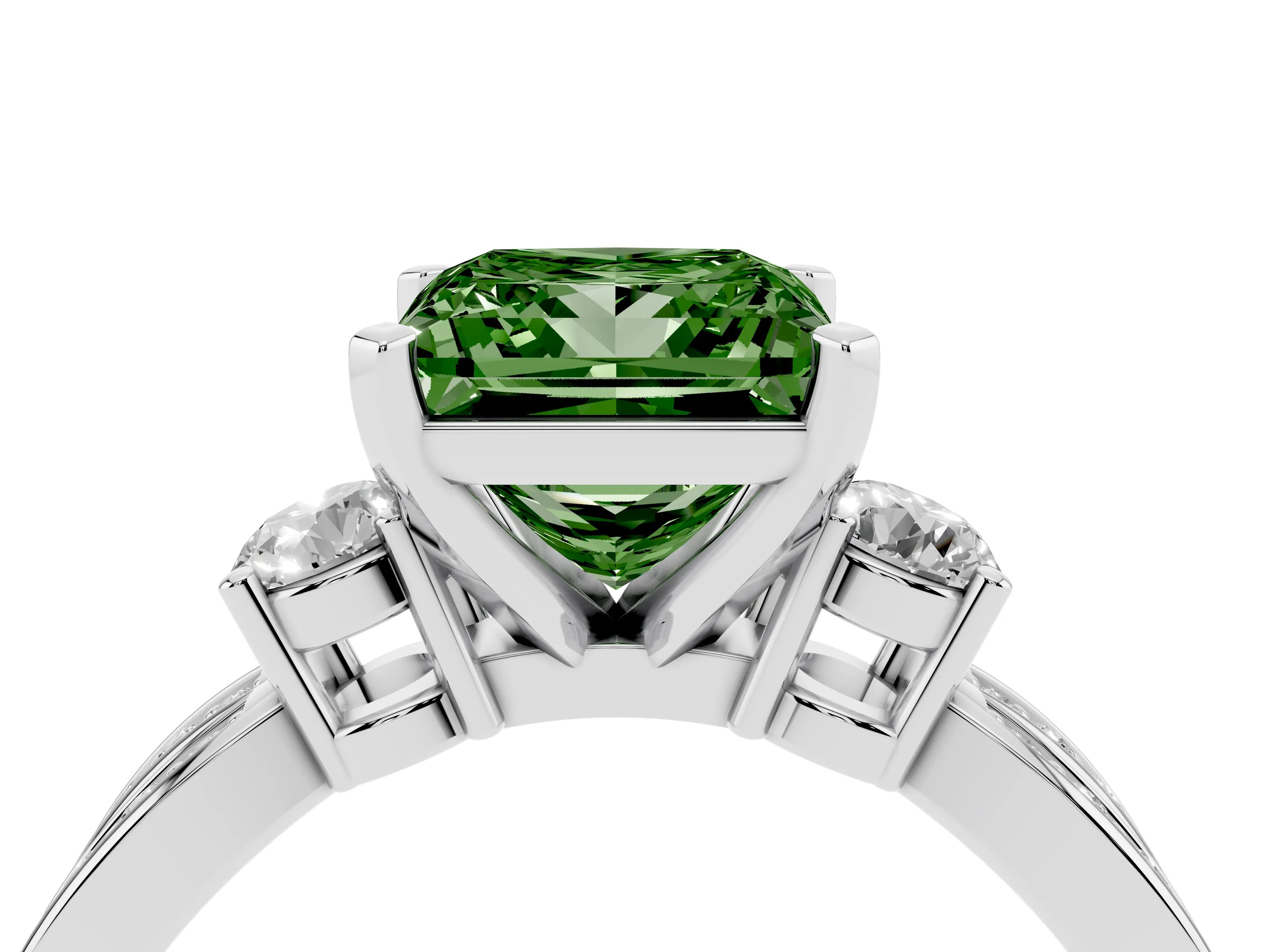 Fancy Green Three-Stone Princess Cut Diamond Twist Band Ring Set in Silver with Pavé Accents and Prong Setting