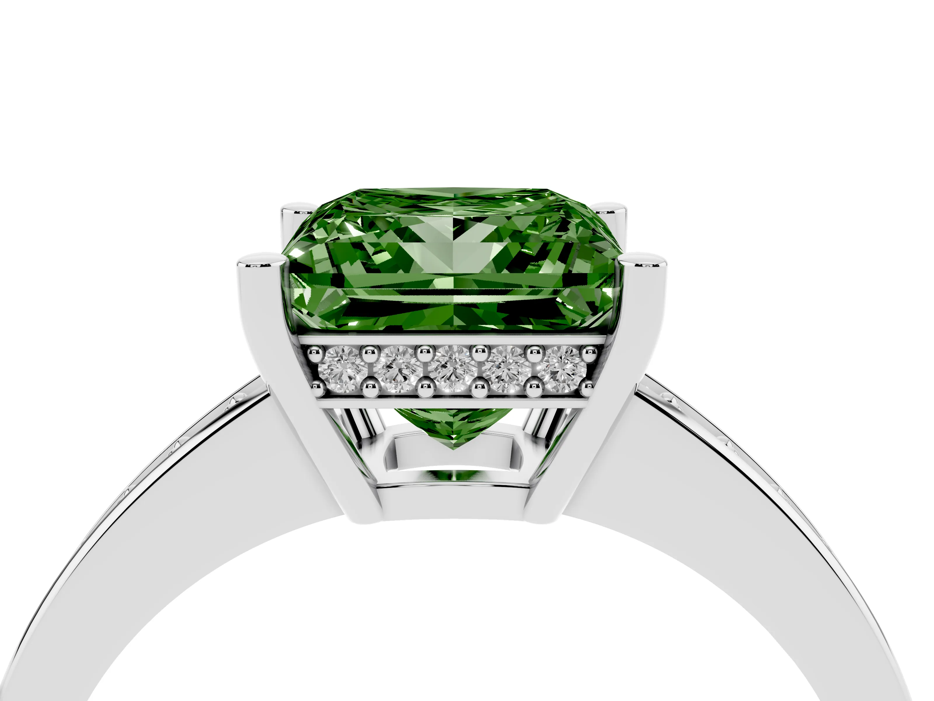 Fancy Green Princess Cut Diamond Pavé Band Prong Set Solitaire Ring Set in Silver