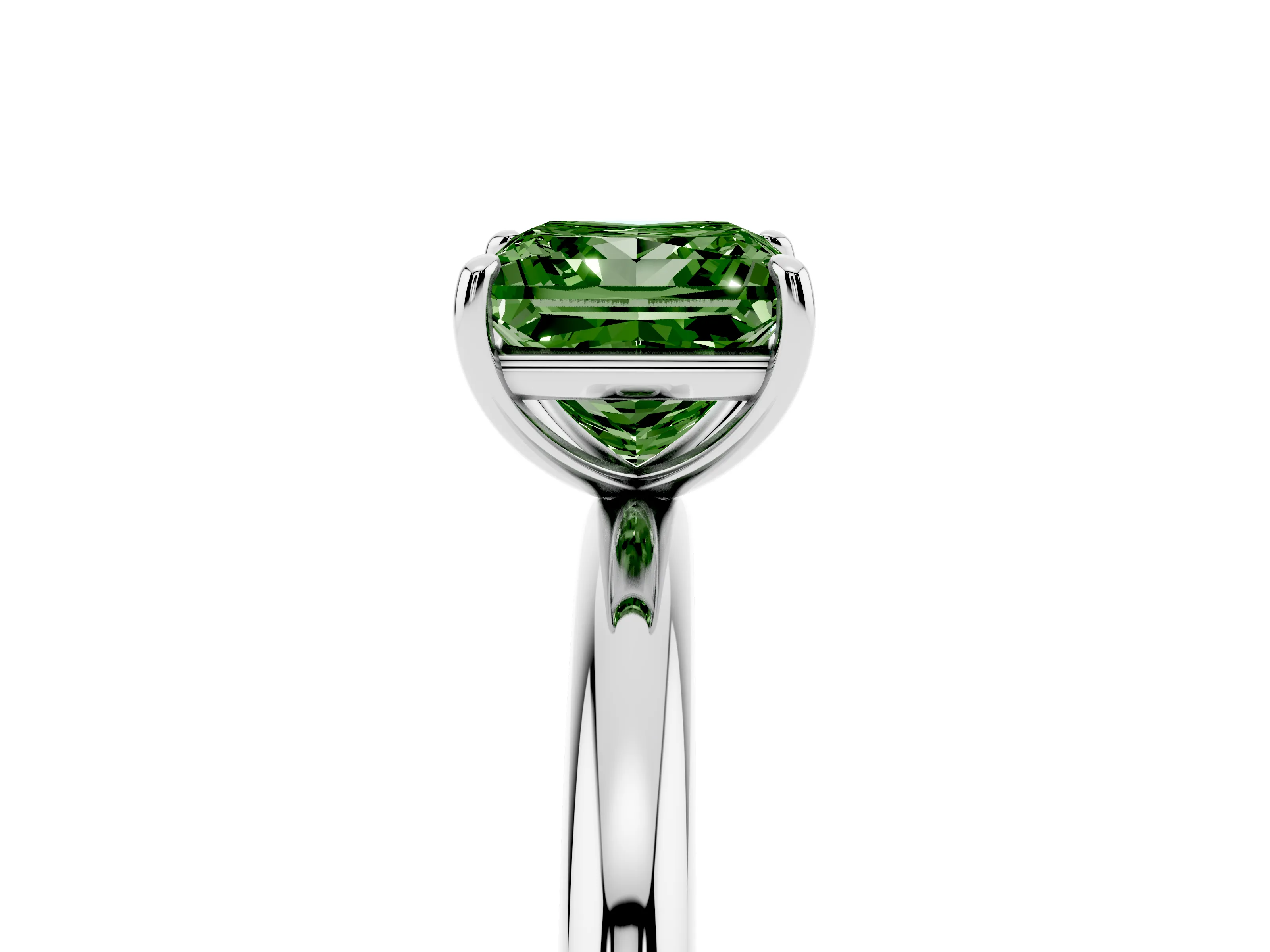 Fancy Green Princess Cut Diamond Solitaire Ring Set in Silver with Prong Setting on a Polished Plain Band