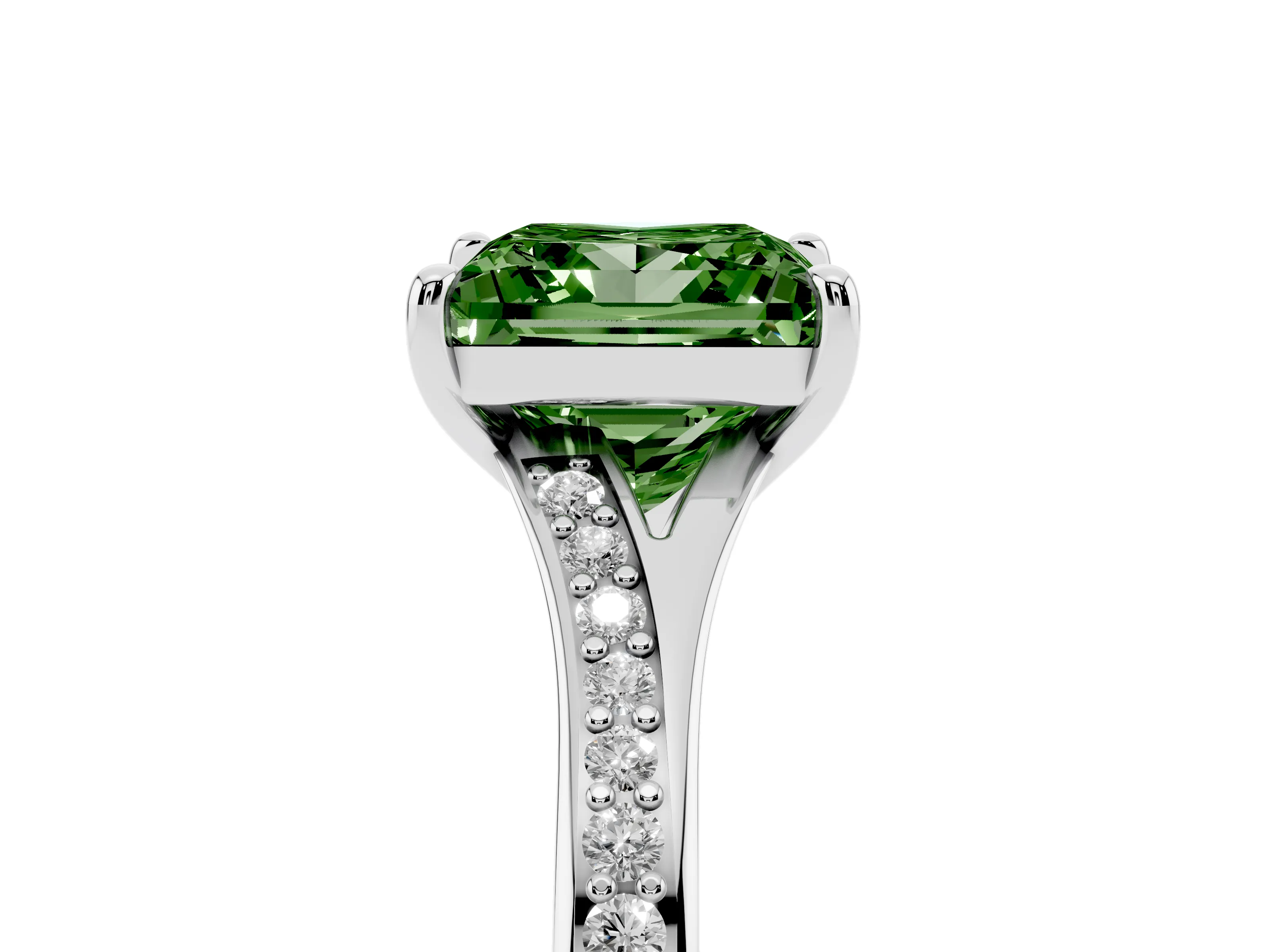 Fancy Green Princess Cut Diamond Solitaire Ring Set in Silver with Pavé Accent Band and Classic Prong Setting