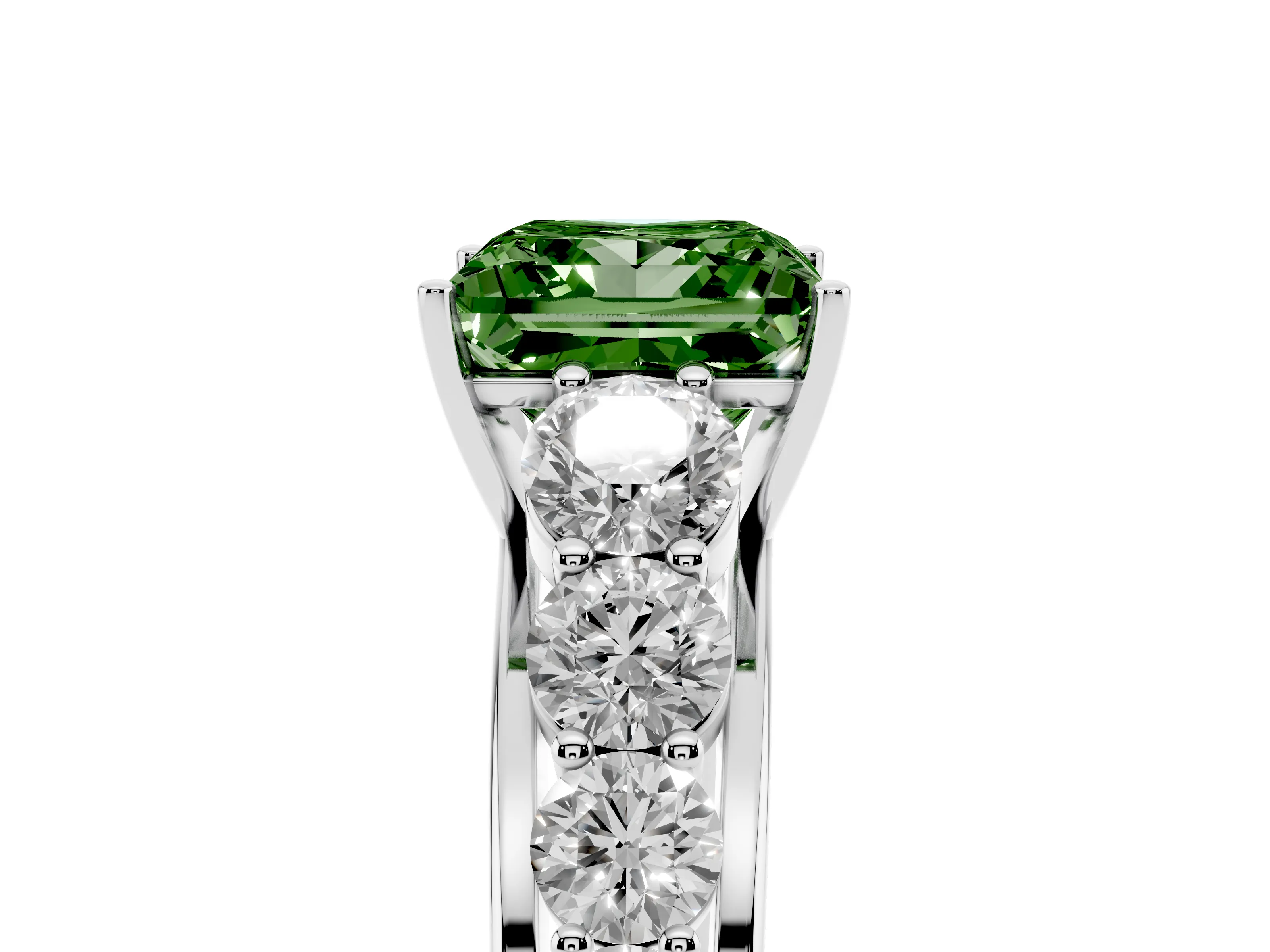 Fancy Green Princess Cut Diamond Solitaire Ring Set in Platinum with Pavé-Set Band and Prong Setting