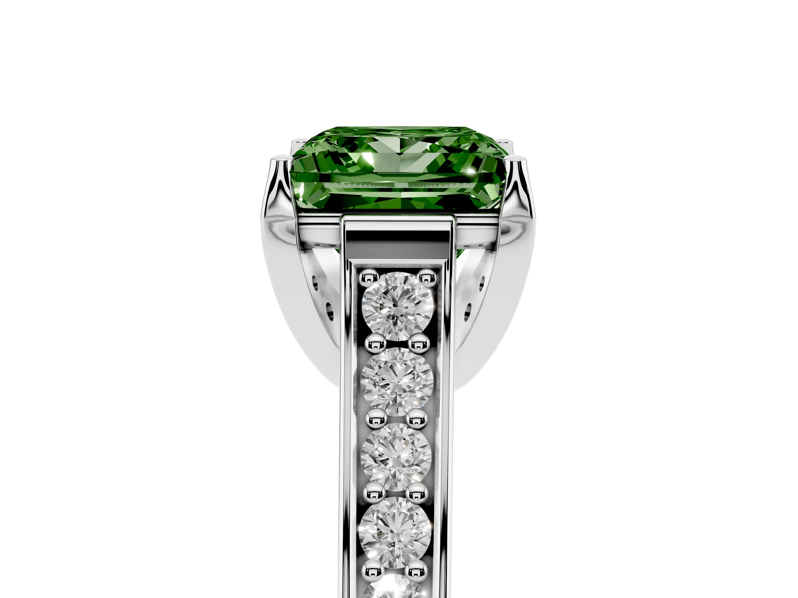 Fancy Green Princess Cut Diamond Solitaire Pavé Engagement Ring Set in Silver with Prong Setting